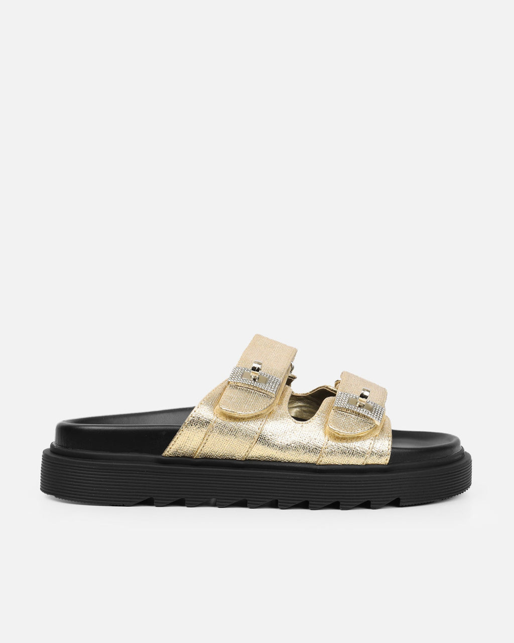 Liaa Gold Diamante Buckle Textured Slider Sandals