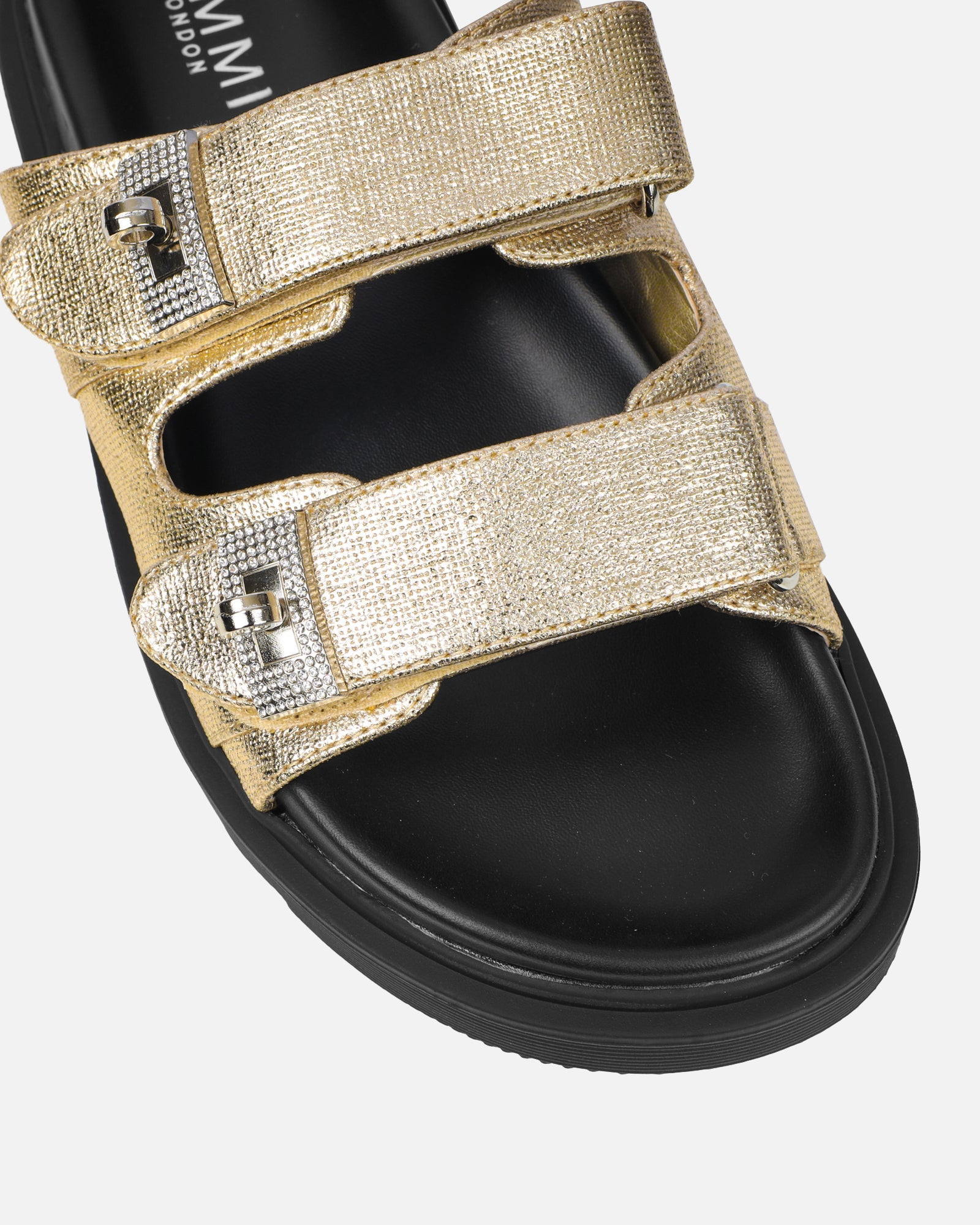 Liaa Gold Diamante Buckle Textured Slider Sandals