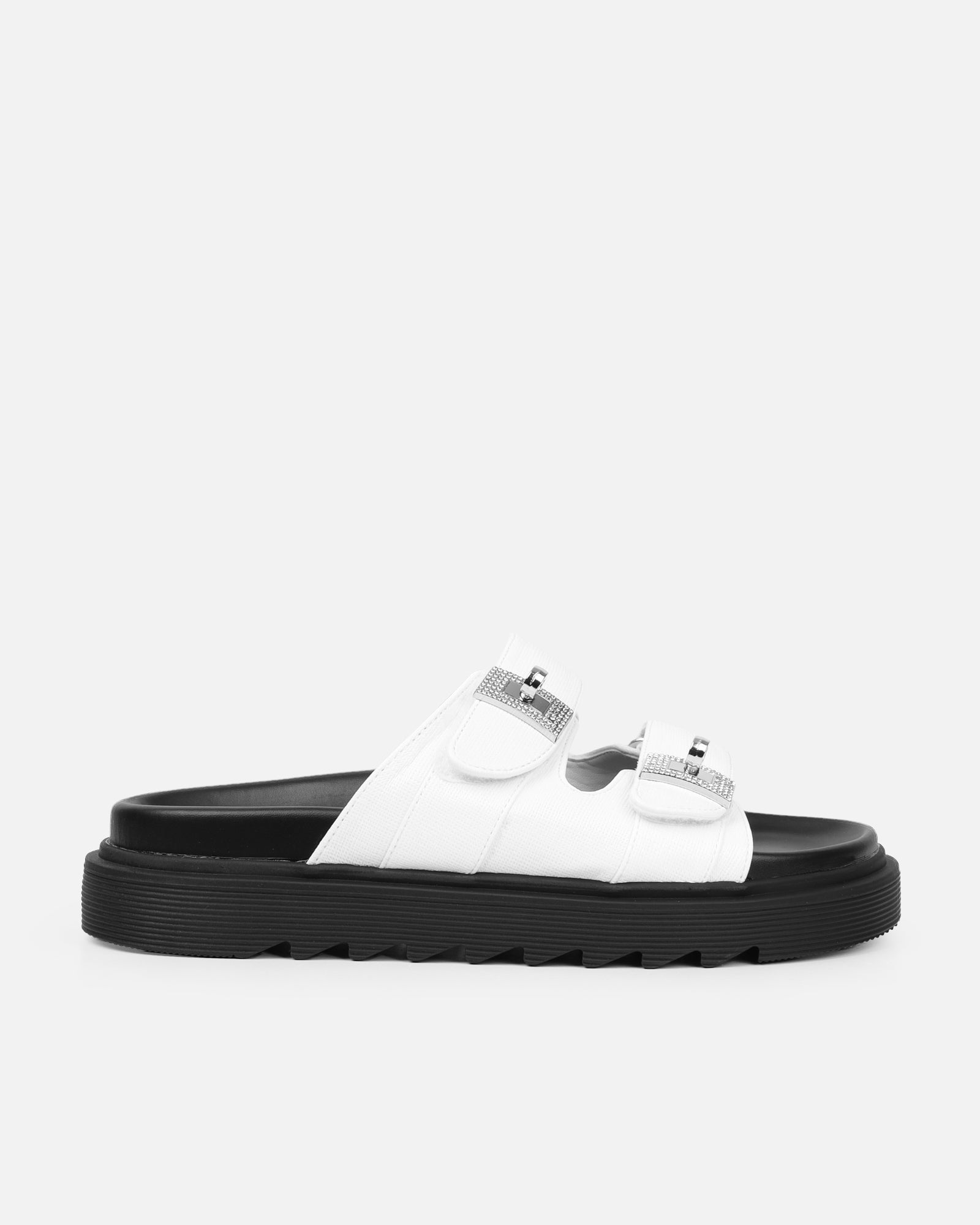 Liaa White Diamante Buckle Textured Slider Sandals