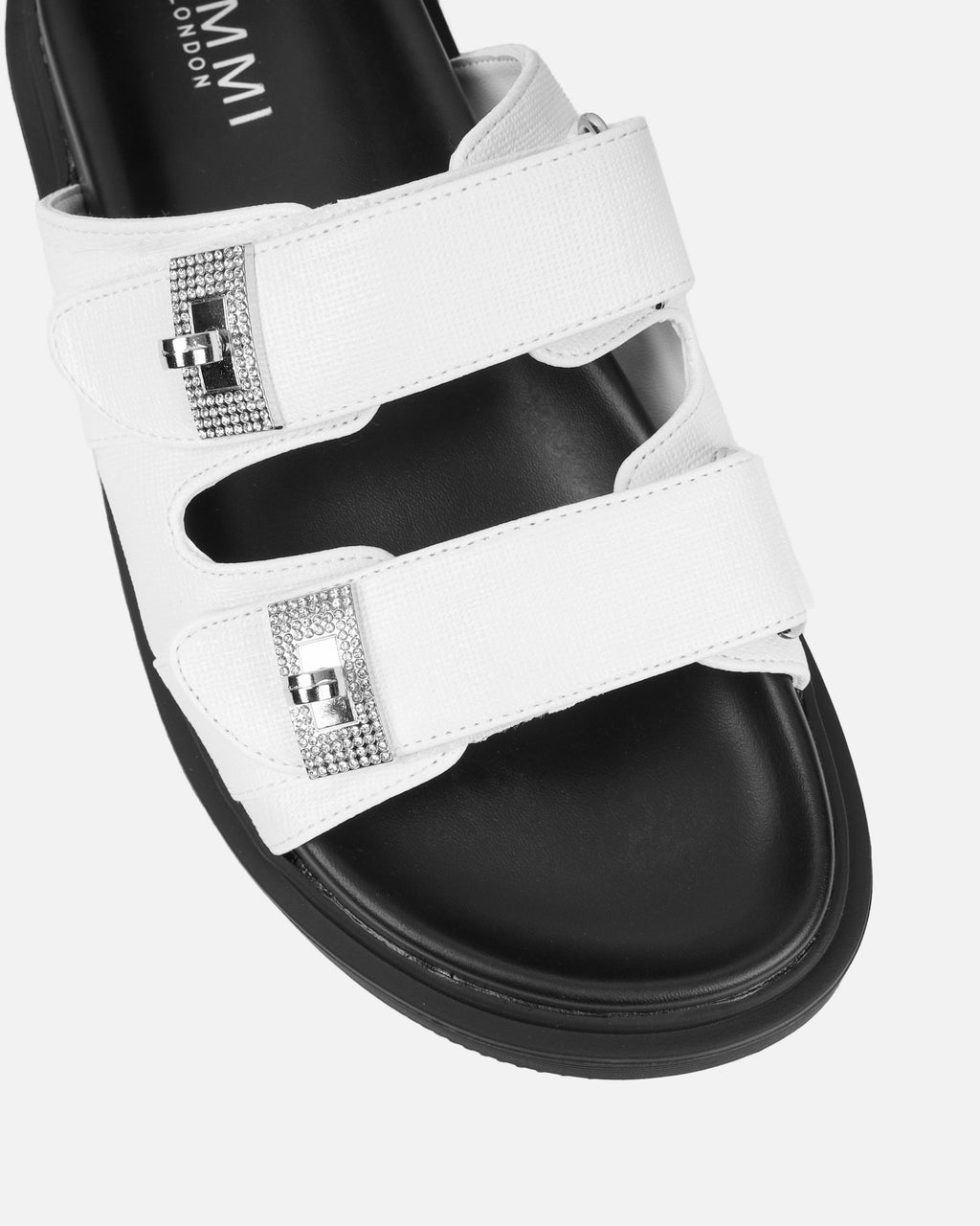 Liaa White Diamante Buckle Textured Slider Sandals