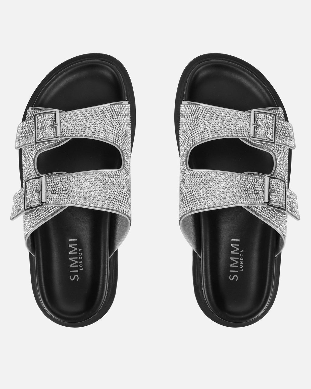 Lynn Silver Diamante Double Strap Slider Sandals