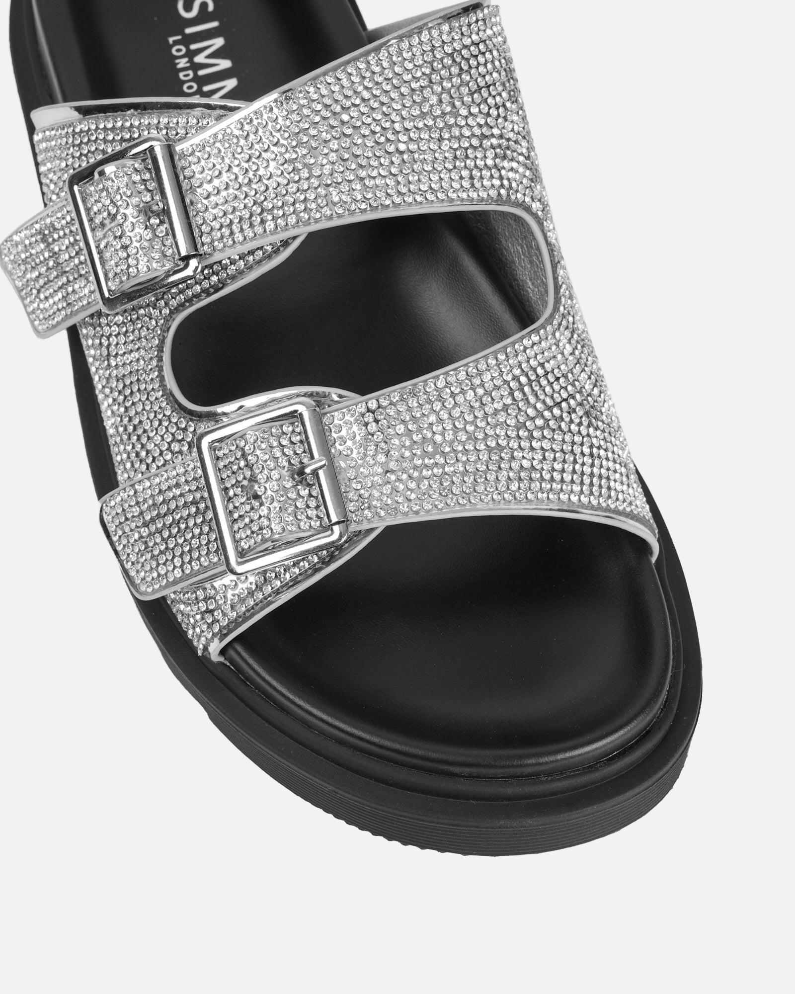 Lynn Silver Diamante Double Strap Slider Sandals