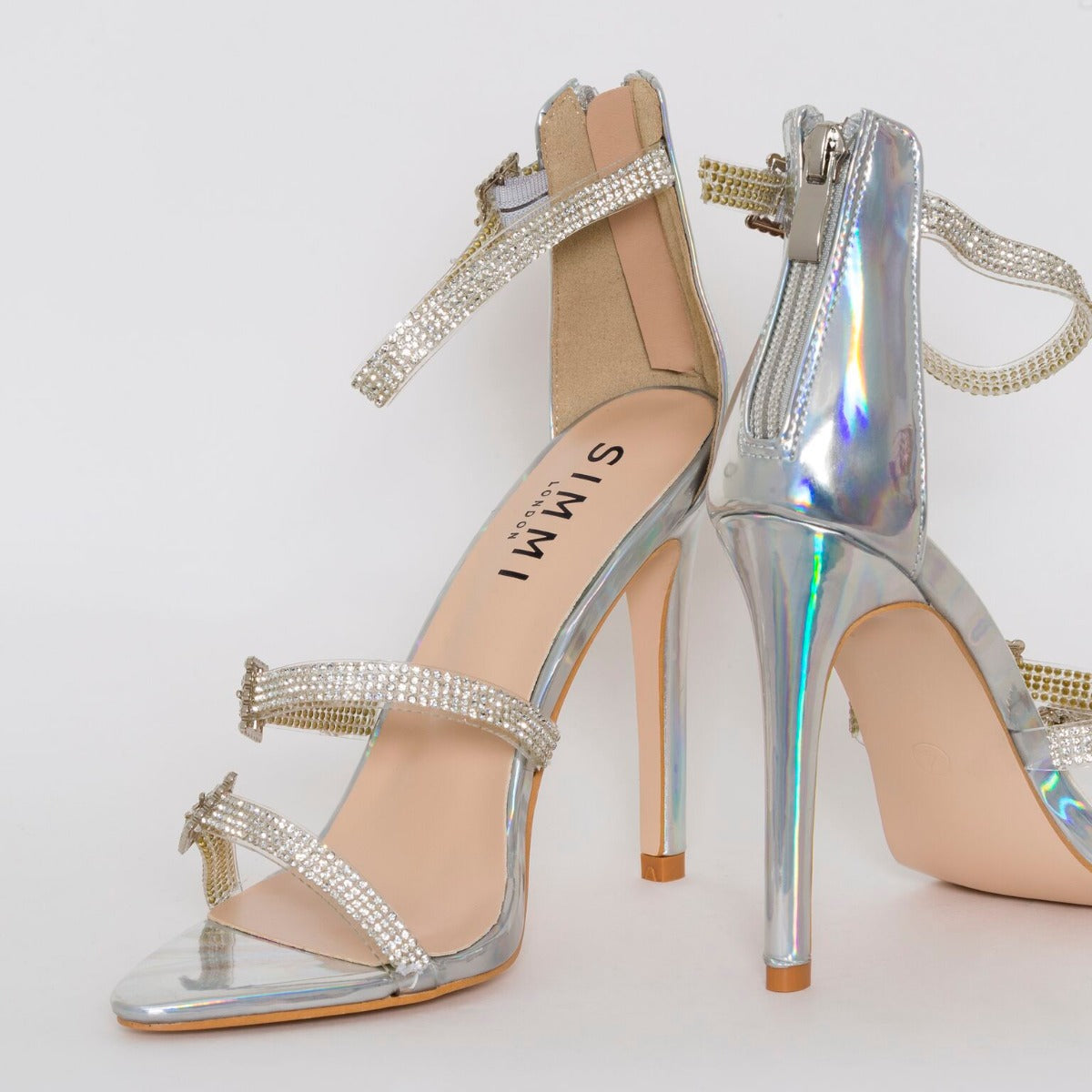 Ophelia Silver Iridescent Diamante Buckle Strappy Heels