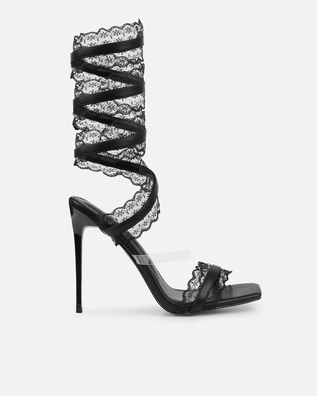Miko Black Lace Spiral Heeled Sandals
