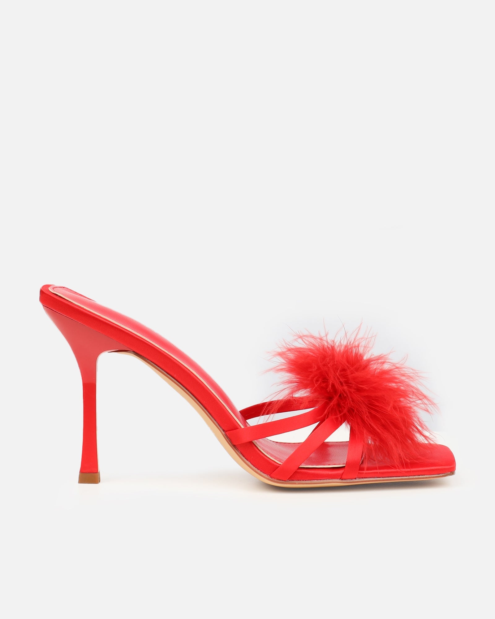 Macy Red Satin Fluffy Mules