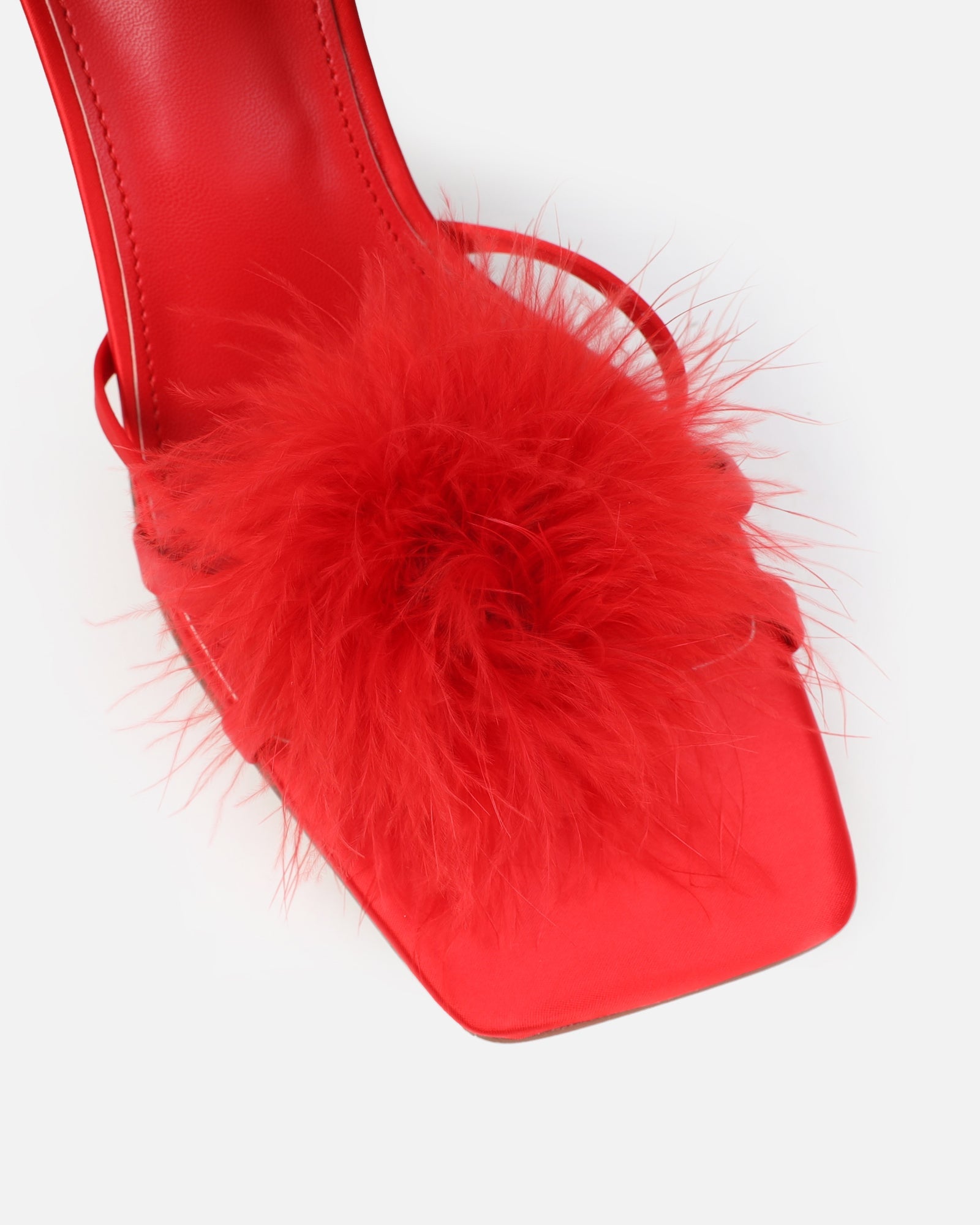 Macy Red Satin Fluffy Mules