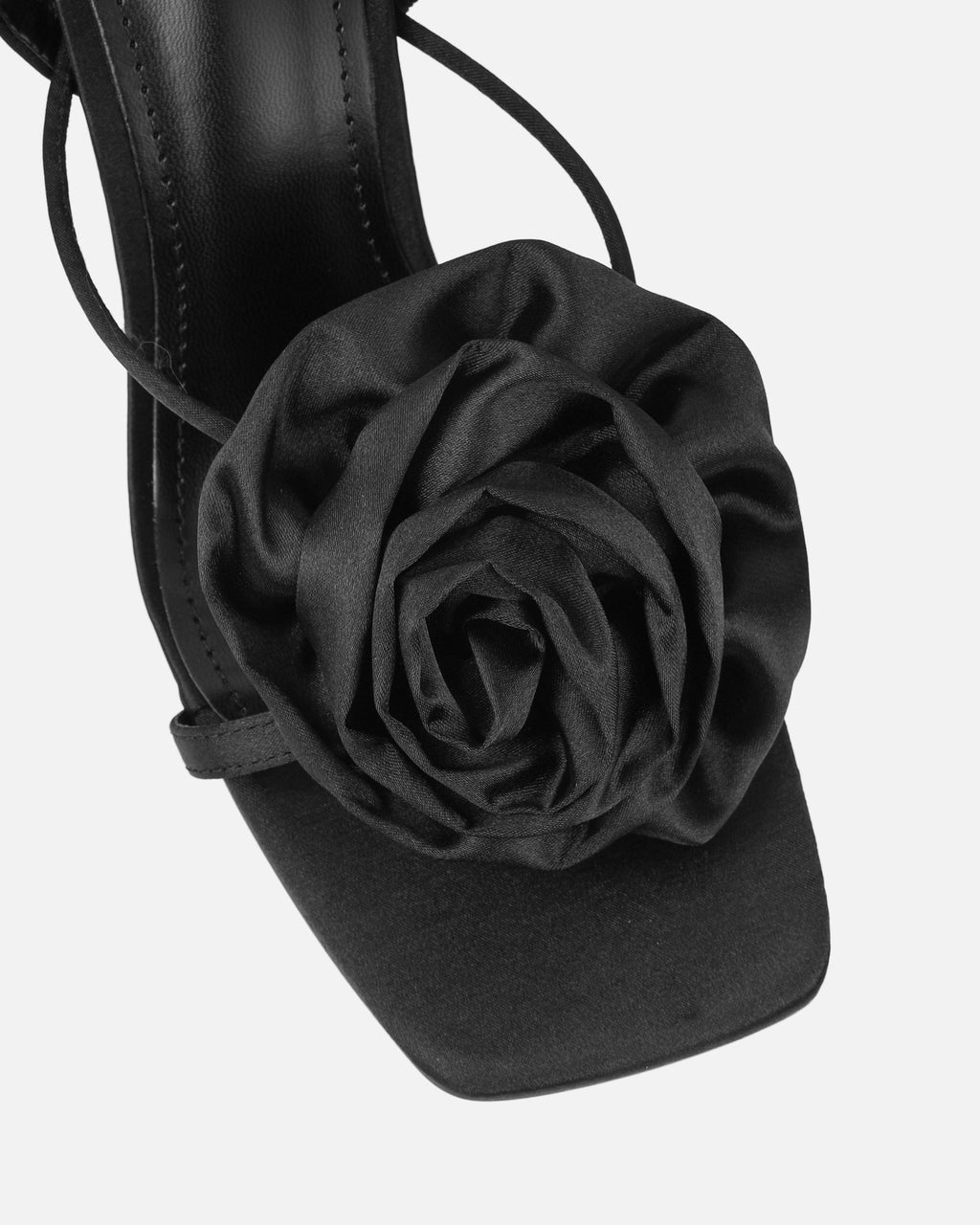 Quartz Black Satin Corsage Flower Heeled Sandals
