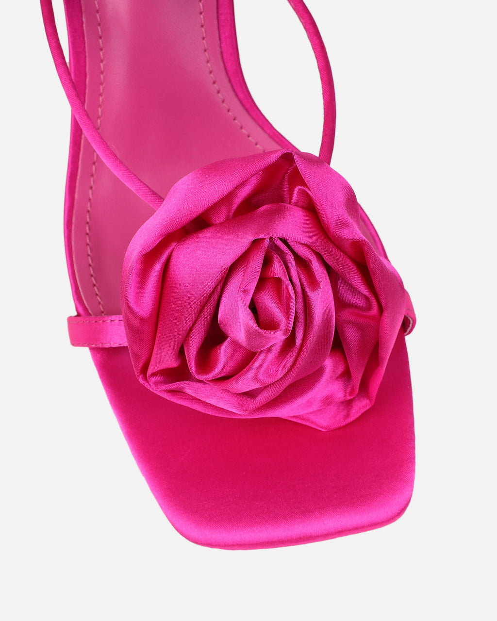 Quartz Fuchsia Satin Corsage Flower Heeled Sandals