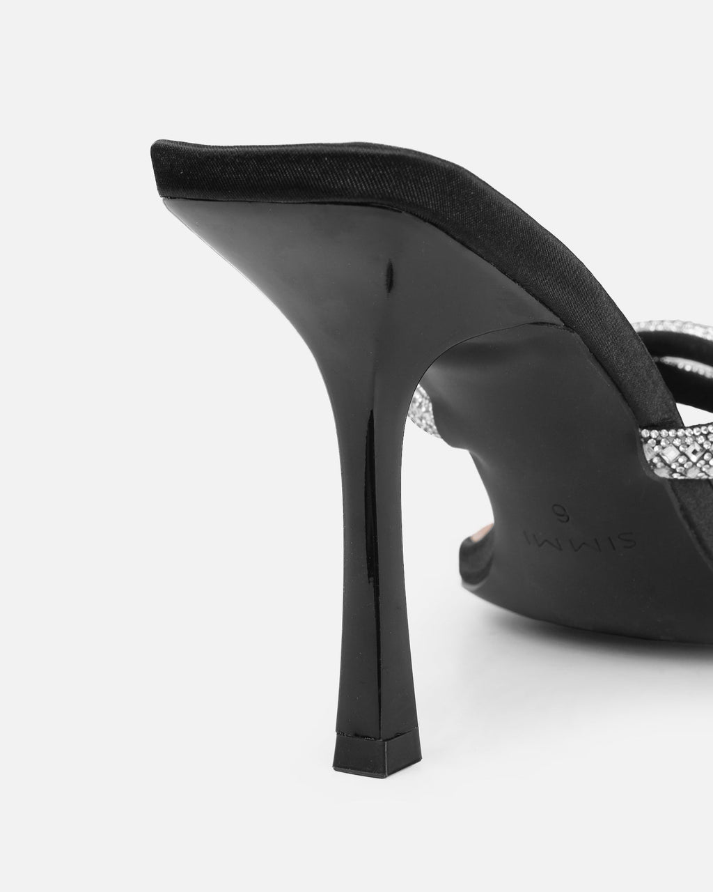 Aubriella Black Satin Diamante Mule Heeled Sandals