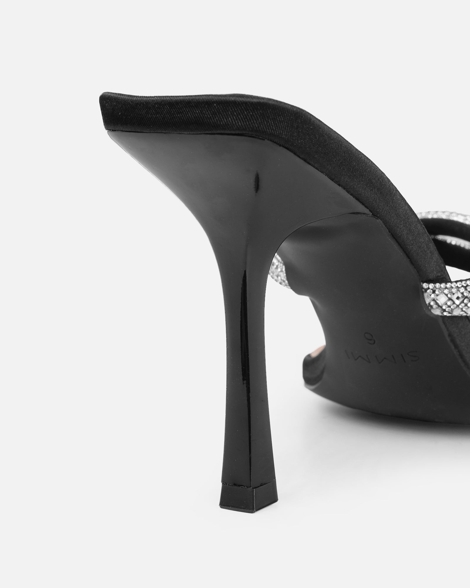 Aubriella Black Satin Diamante Mule Heeled Sandals