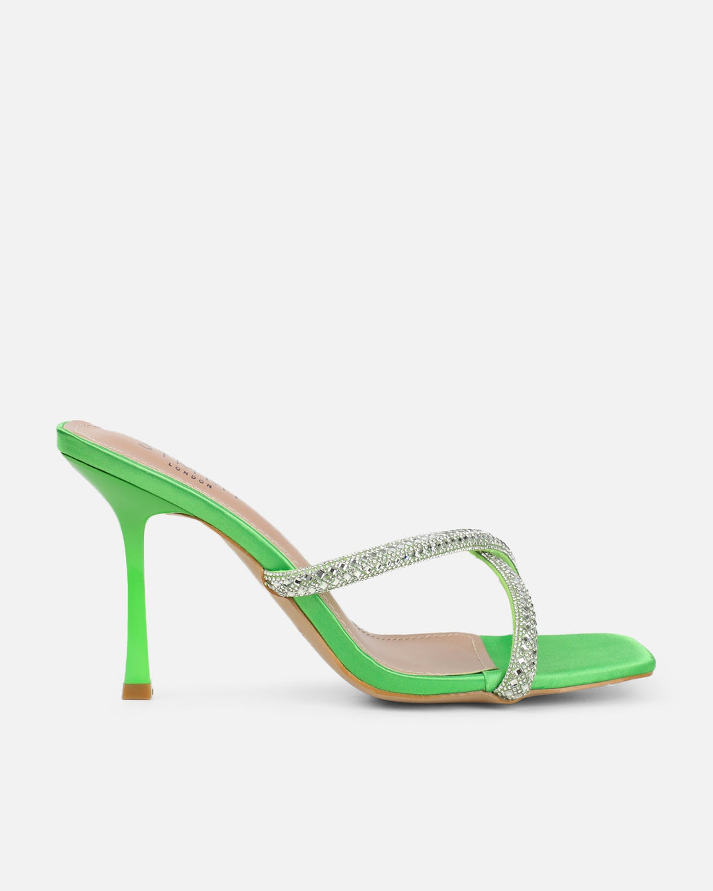 Aubriella Green Satin Diamante Mule Heeled Sandals