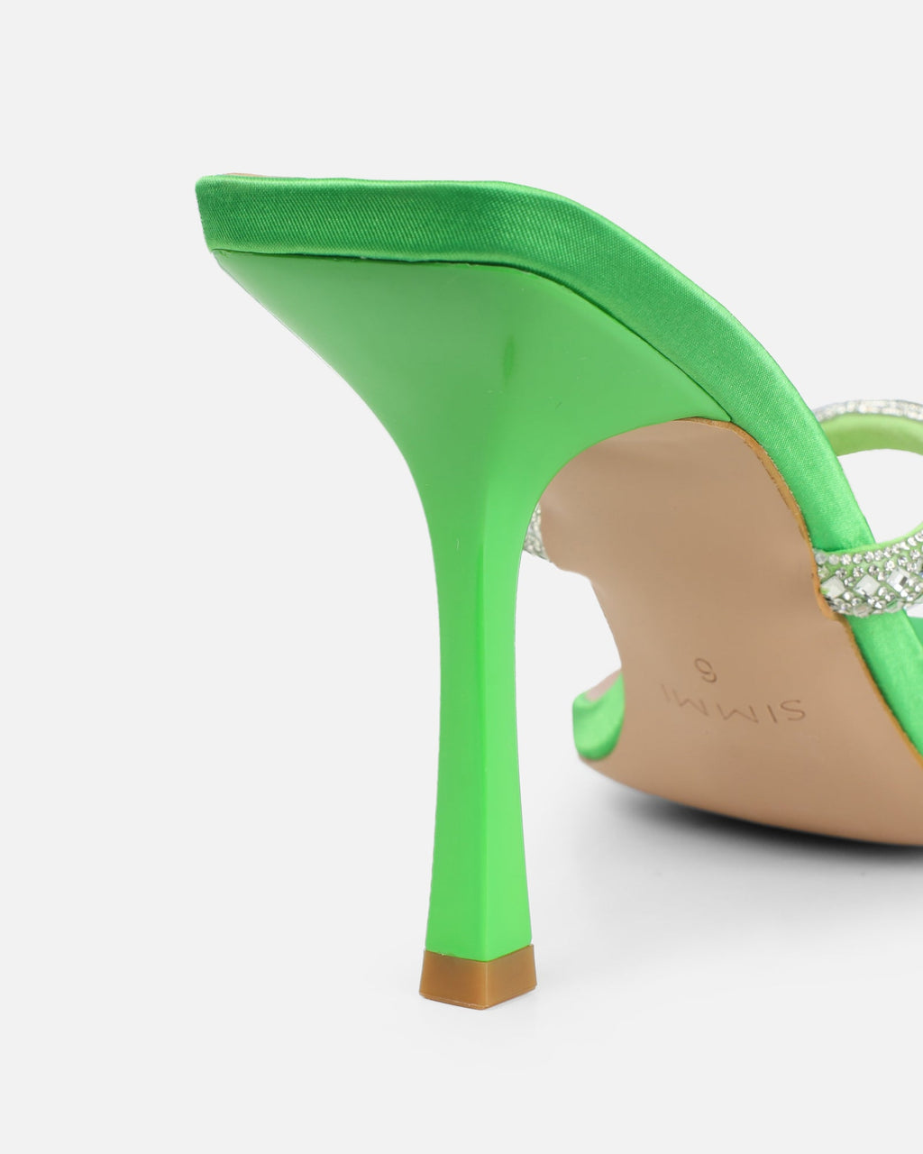Aubriella Green Satin Diamante Mule Heeled Sandals