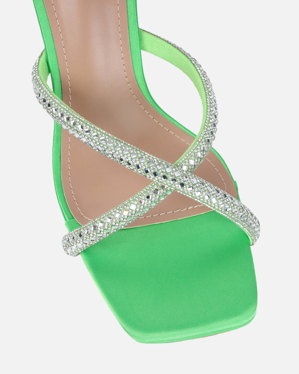 Aubriella Green Satin Diamante Mule Heeled Sandals