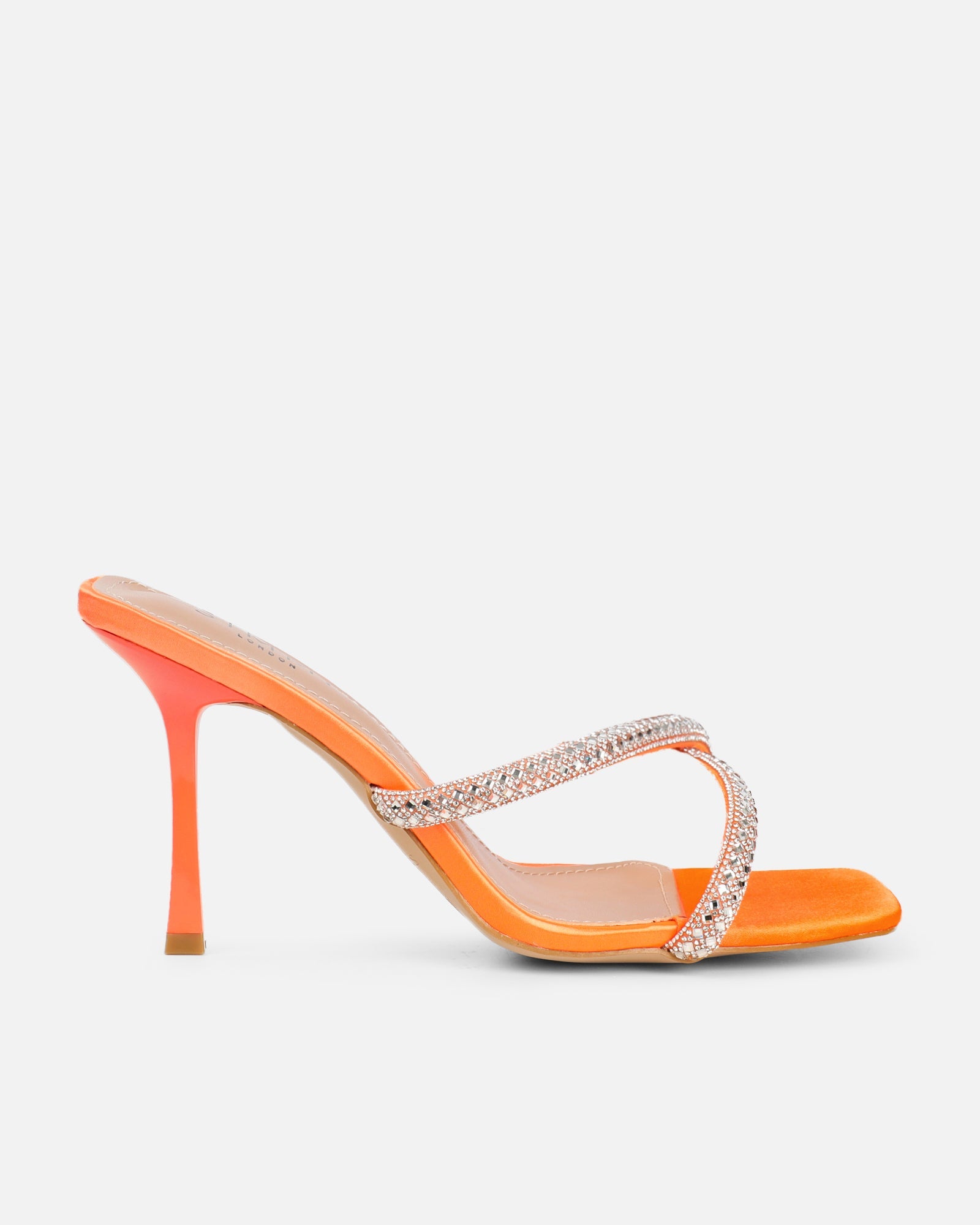 Aubriella Orange Satin Diamante Mule Heeled Sandals