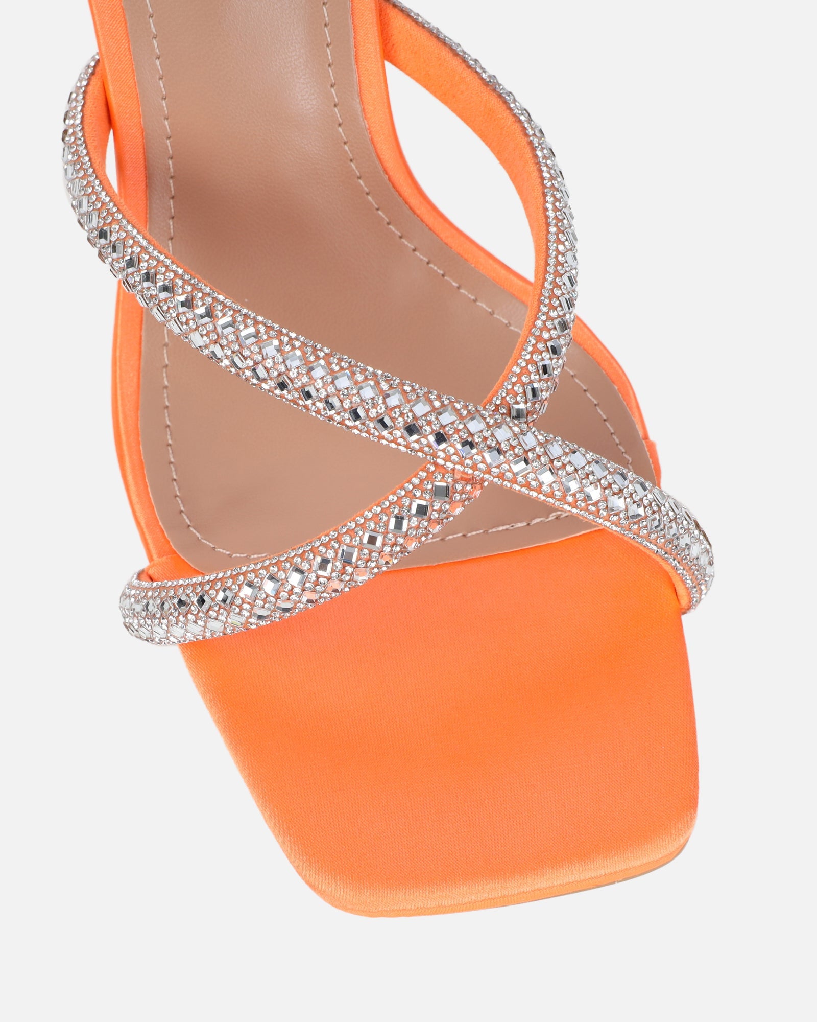 Aubriella Orange Satin Diamante Mule Heeled Sandals