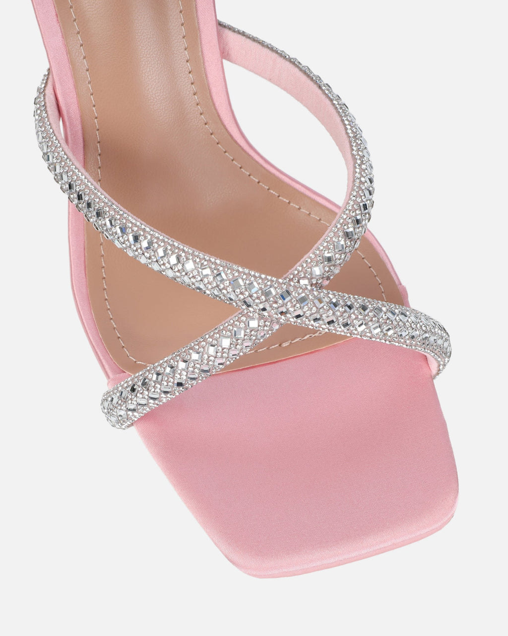 Aubriella Pink Satin Diamante Mule Heeled Sandals