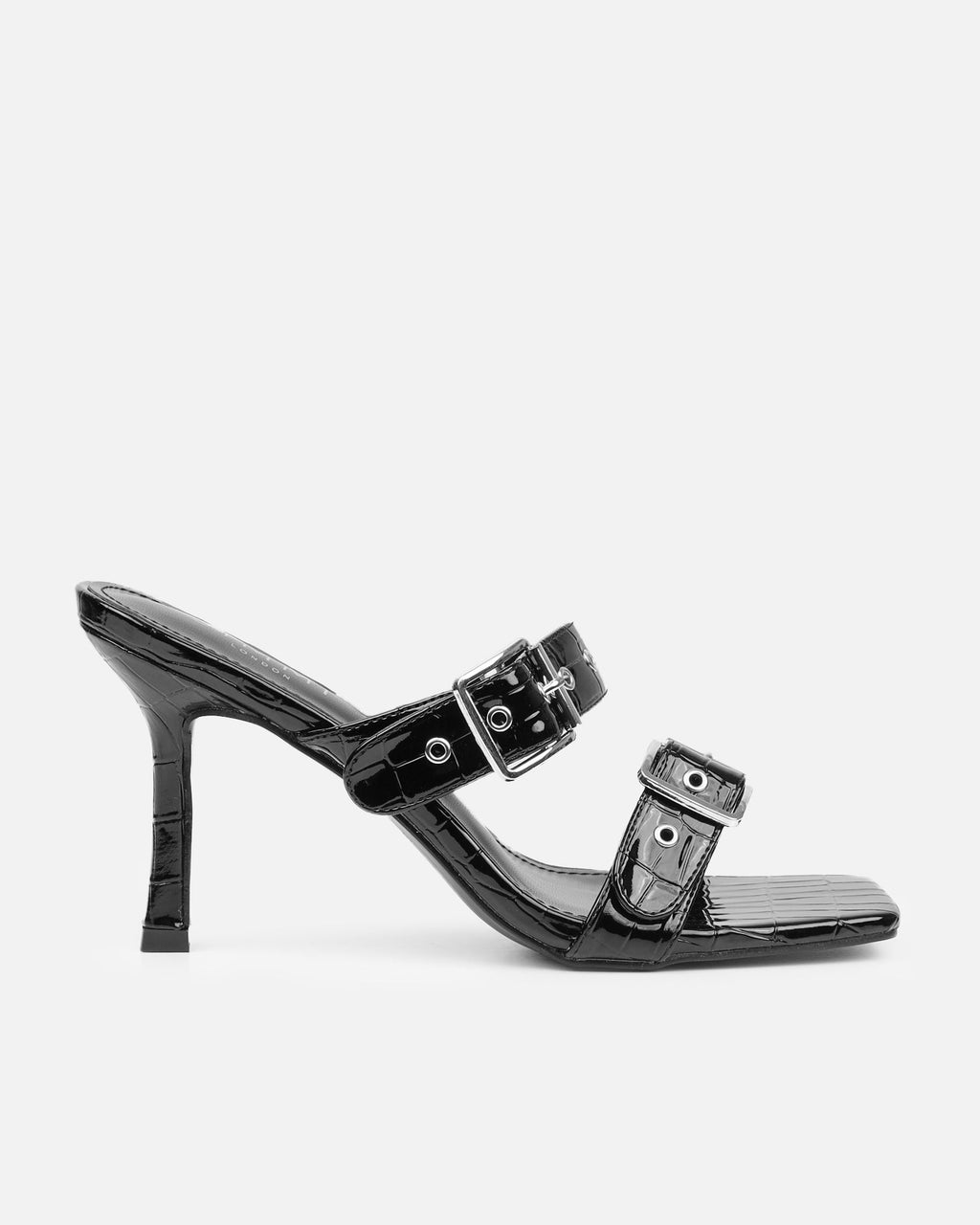 Magdalena Black Faux Croc Print Heeled Sandals