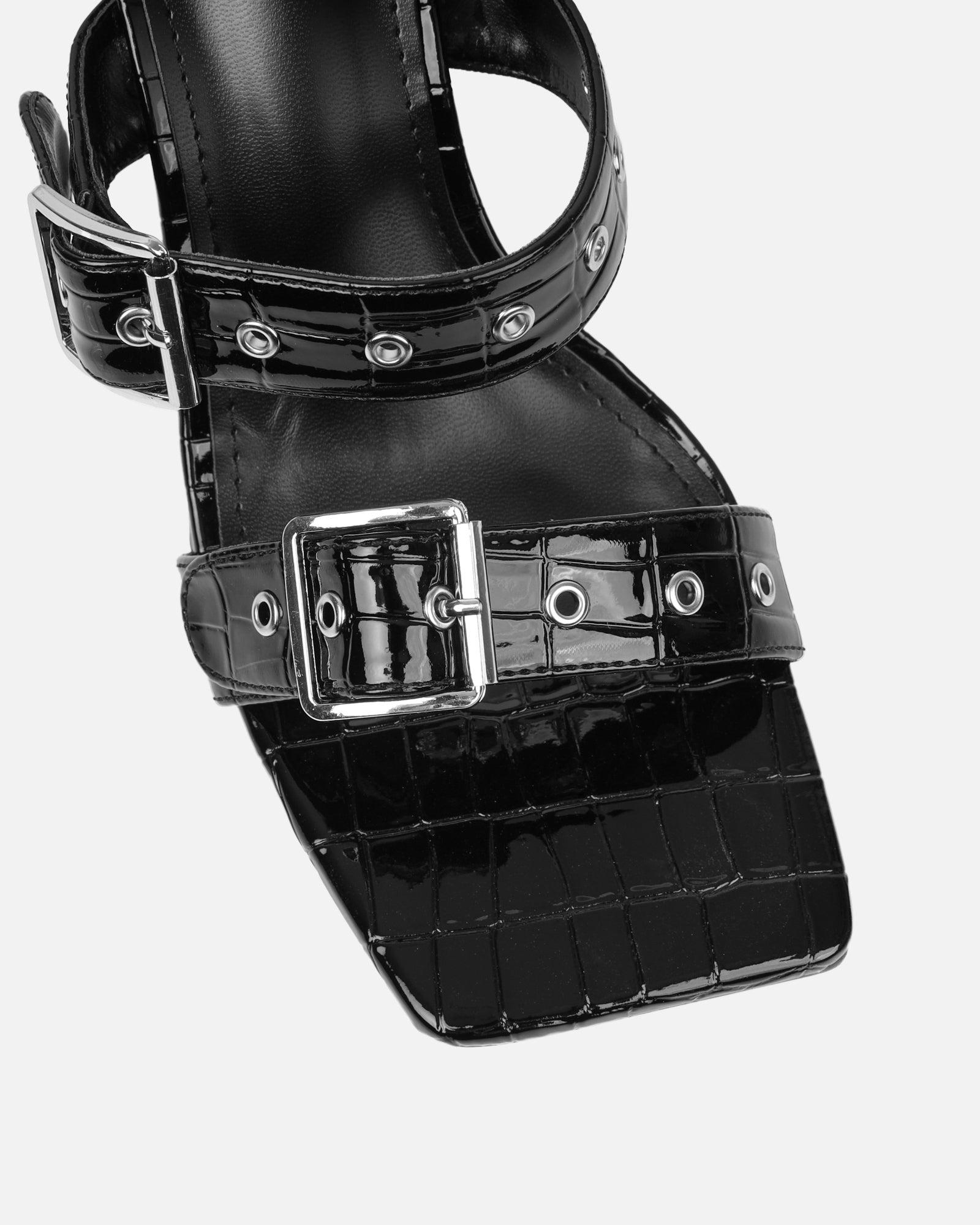 Magdalena Black Faux Croc Print Heeled Sandals