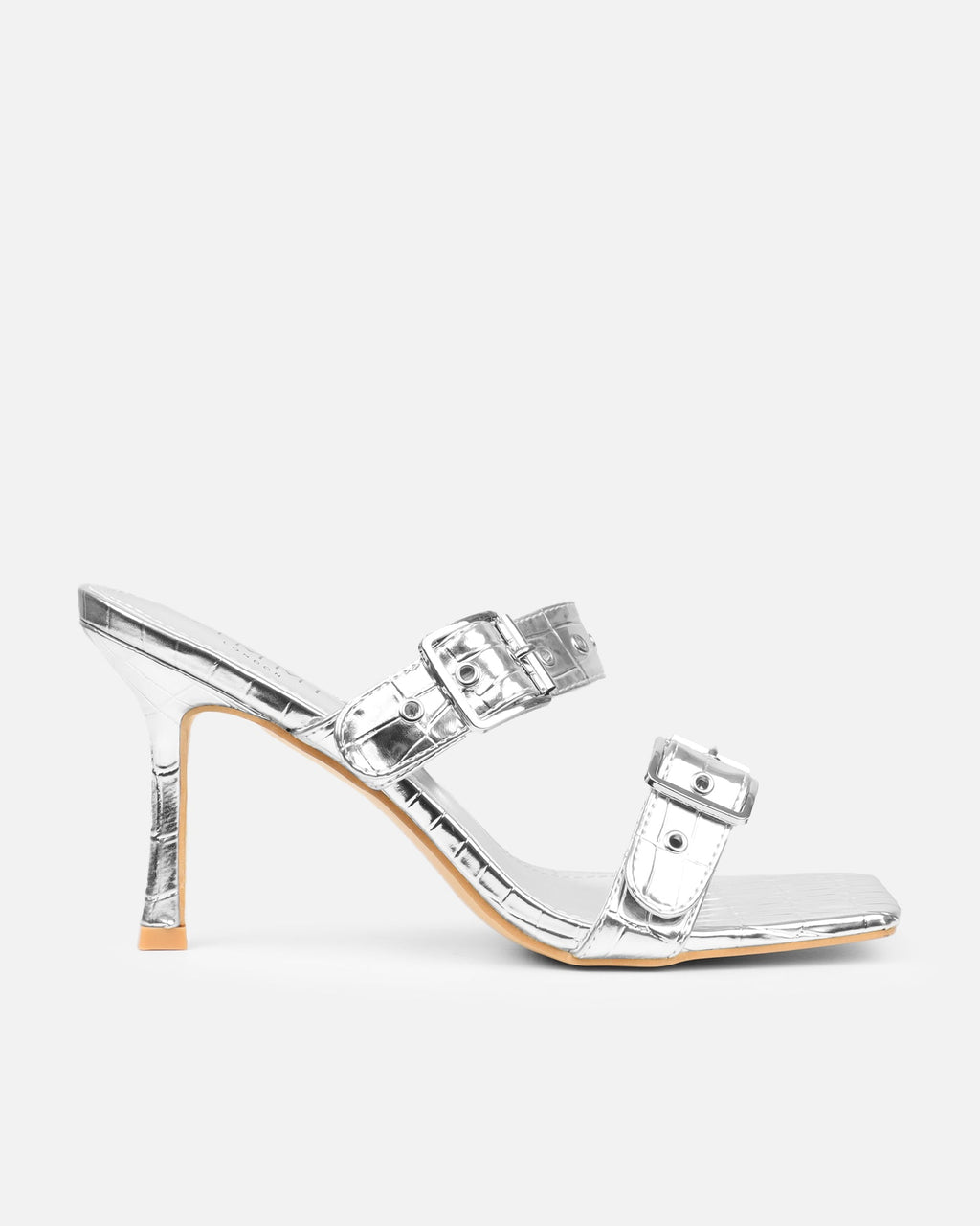 Magdalena Silver Faux Croc Print Heeled sandals