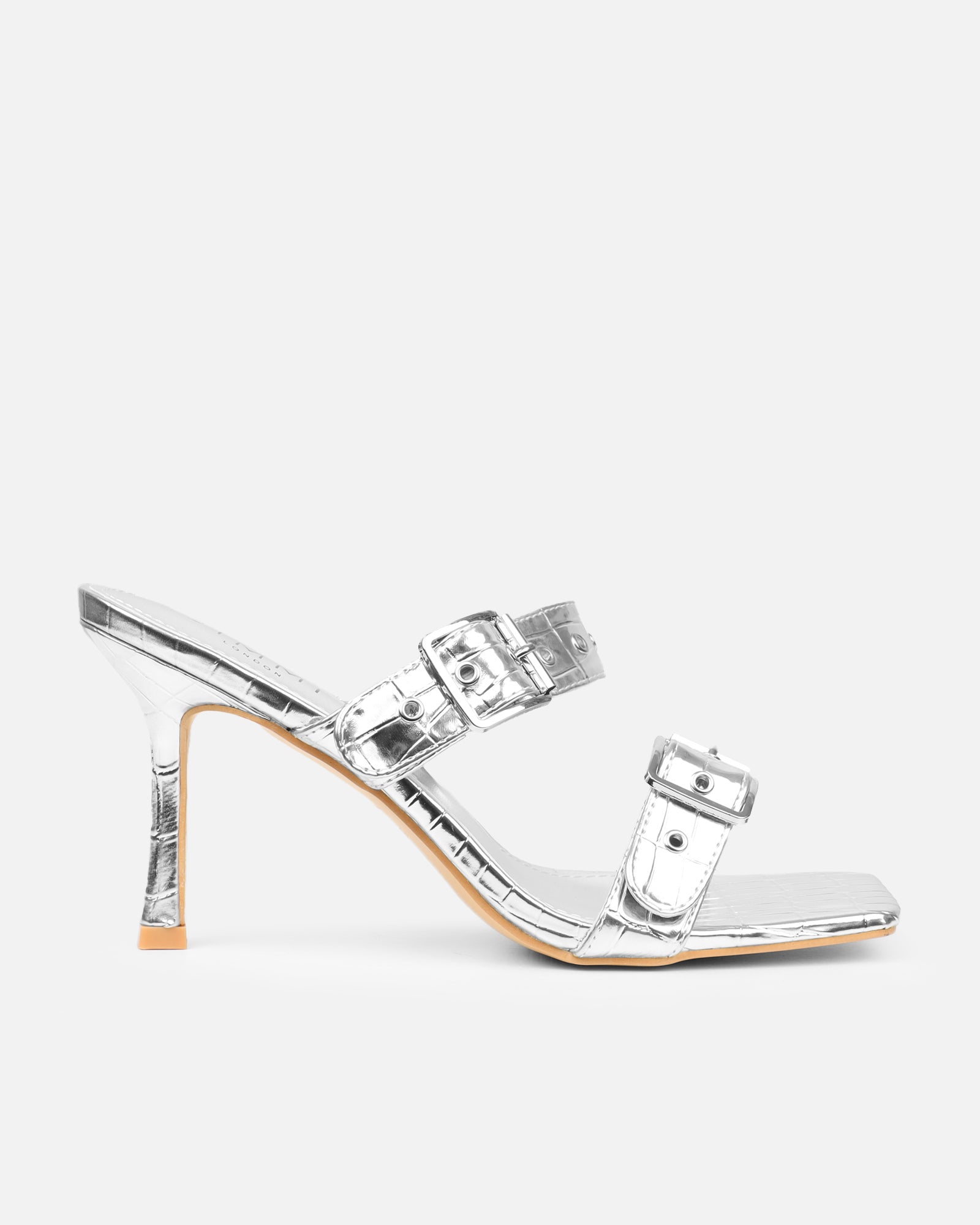 Magdalena Silver Faux Croc Print Heeled sandals