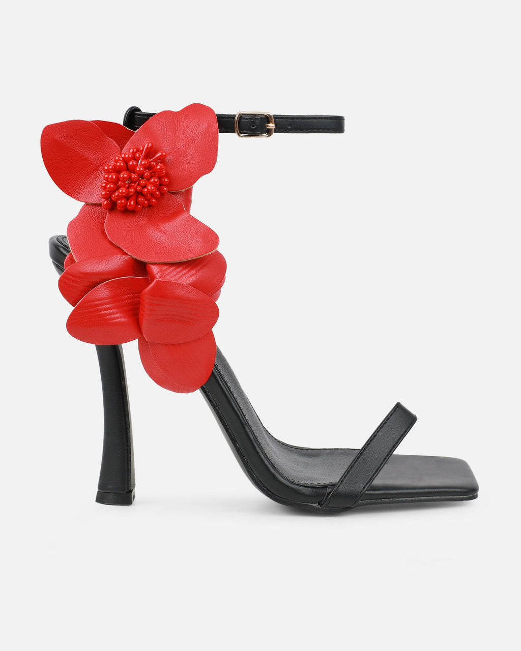 Maldive Black Heeled Sandals With Red Flower