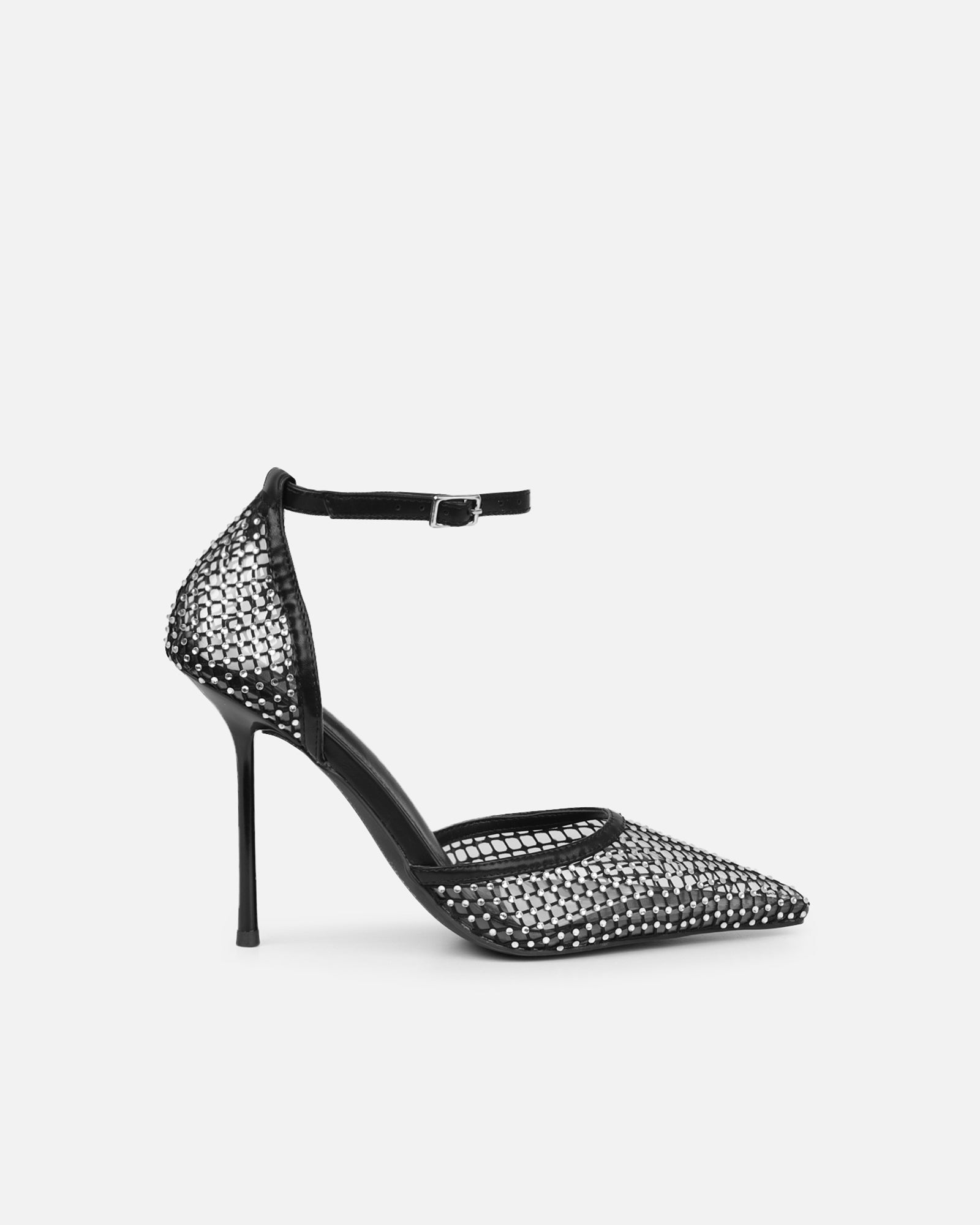 Manni Black Mesh Diamante Heels