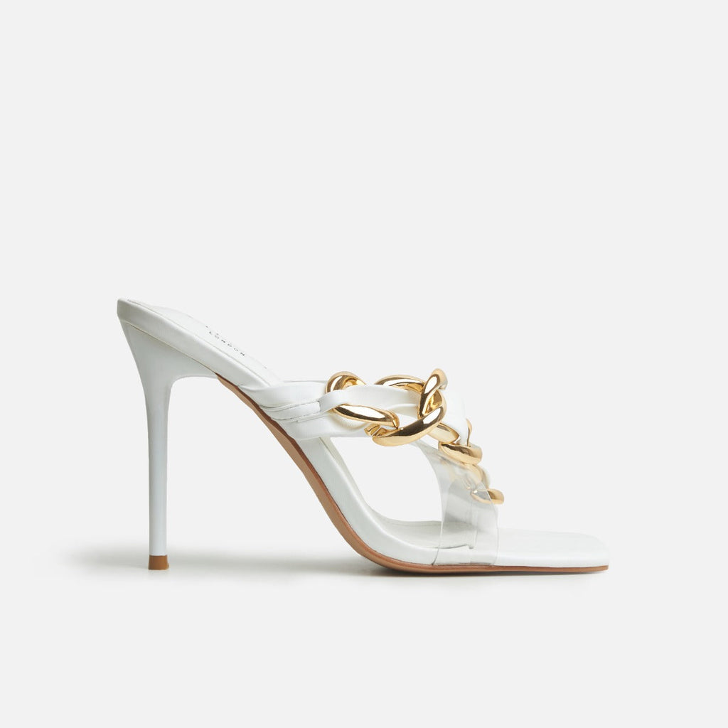 Saige Clear White Asymmetric Chain High Heel Mules