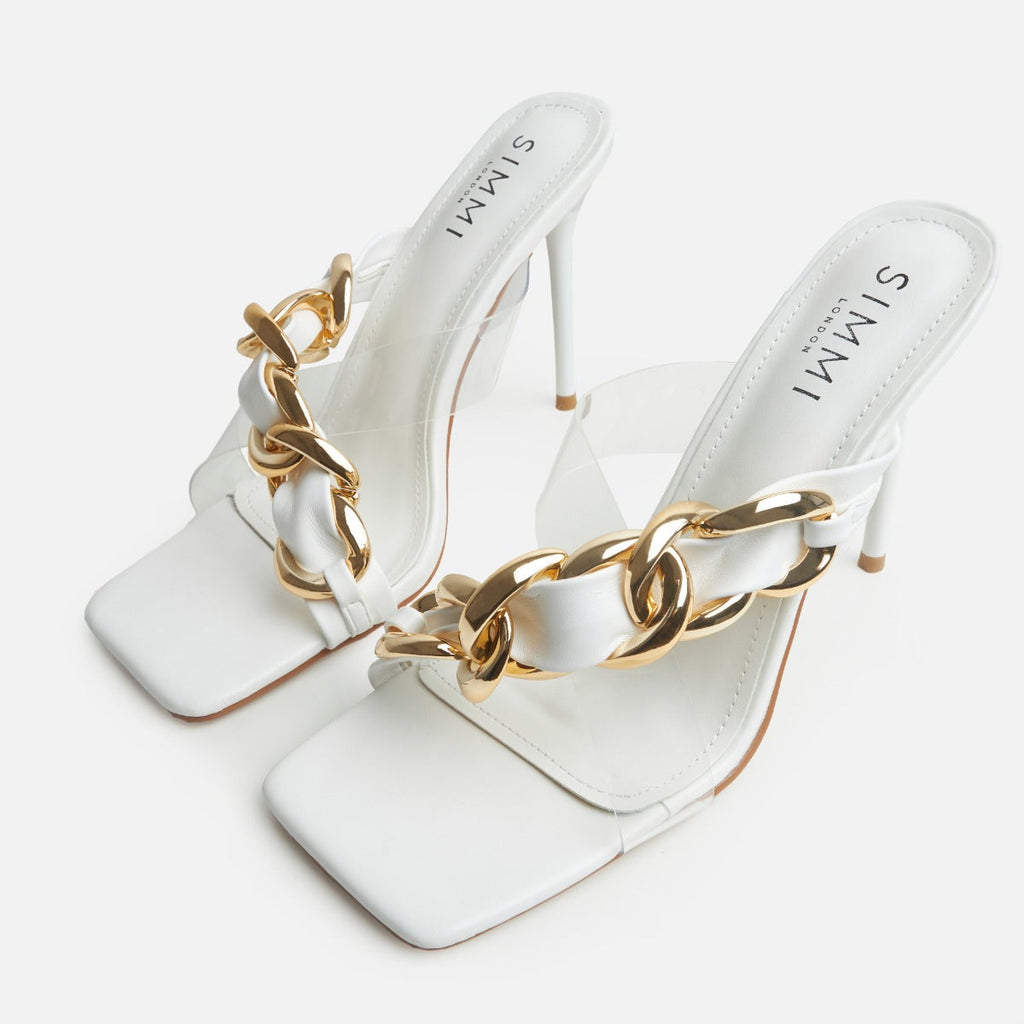 Saige Clear White Asymmetric Chain High Heel Mules