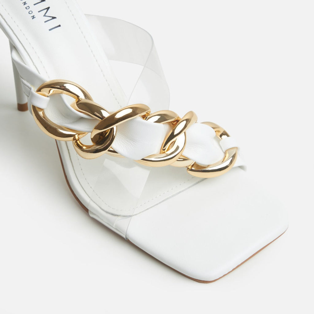 Saige Clear White Asymmetric Chain High Heel Mules