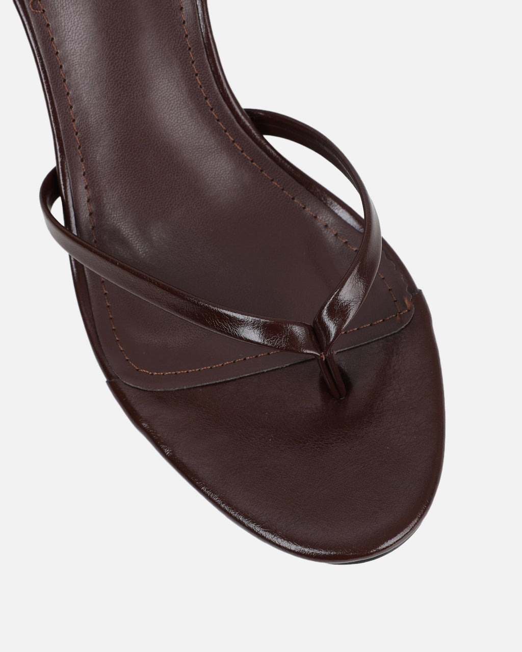 Deanna Chocolate Brown Shiny Toe Thong Low Heeled Sandals