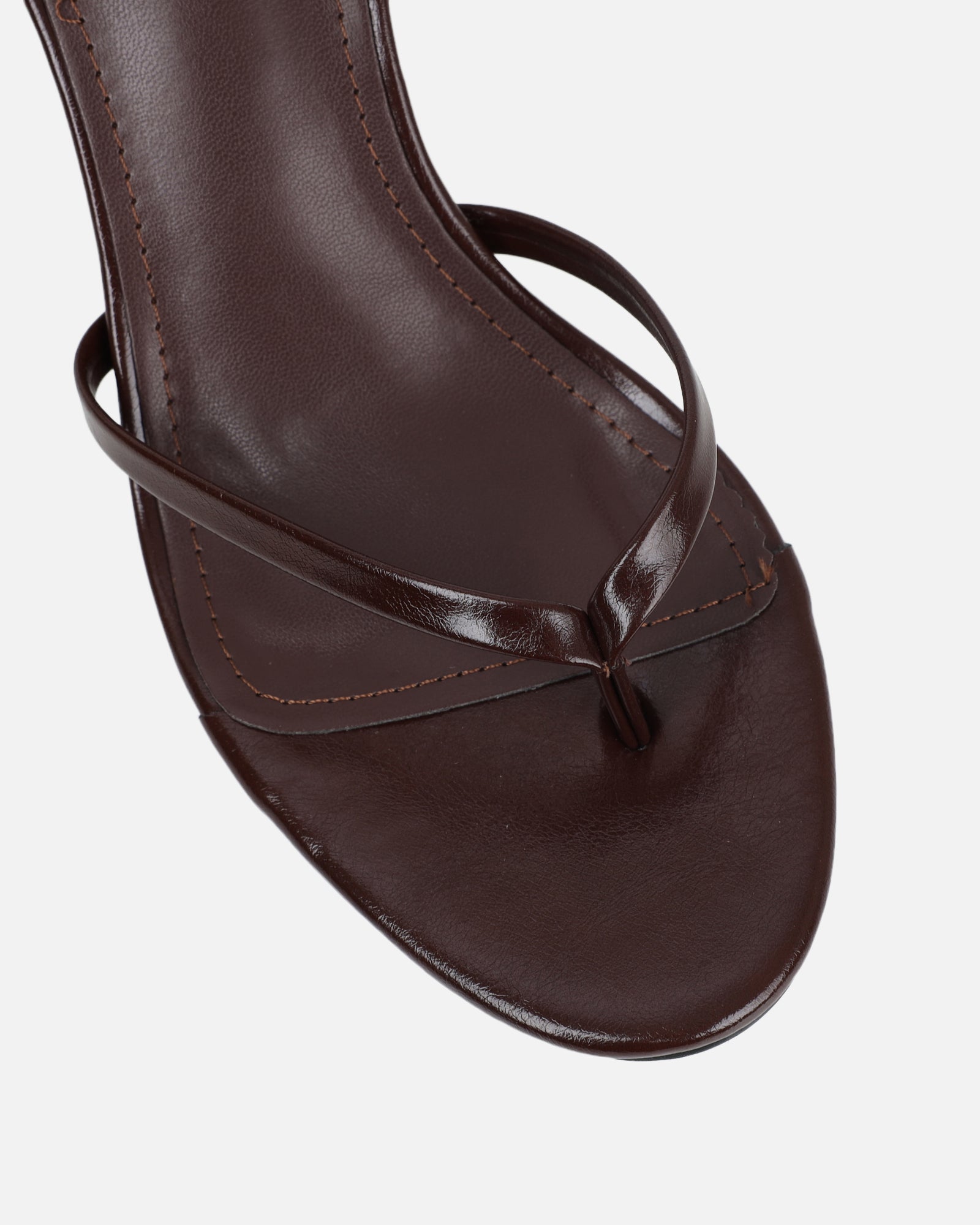 Deanna Chocolate Brown Shiny Toe Thong Low Heeled Sandals