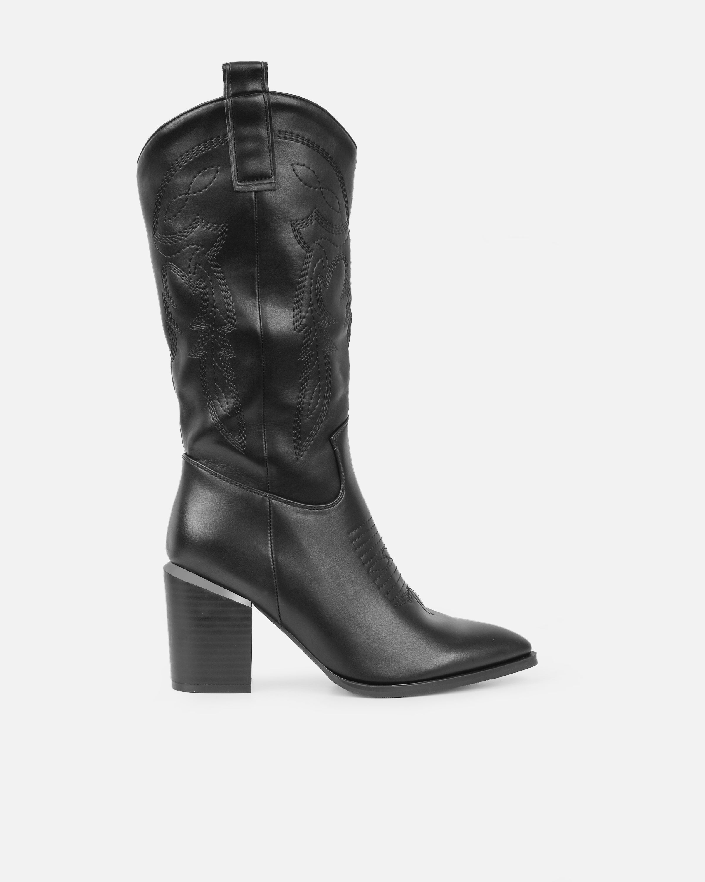 Millan Black Block Heel Calf Western Boots