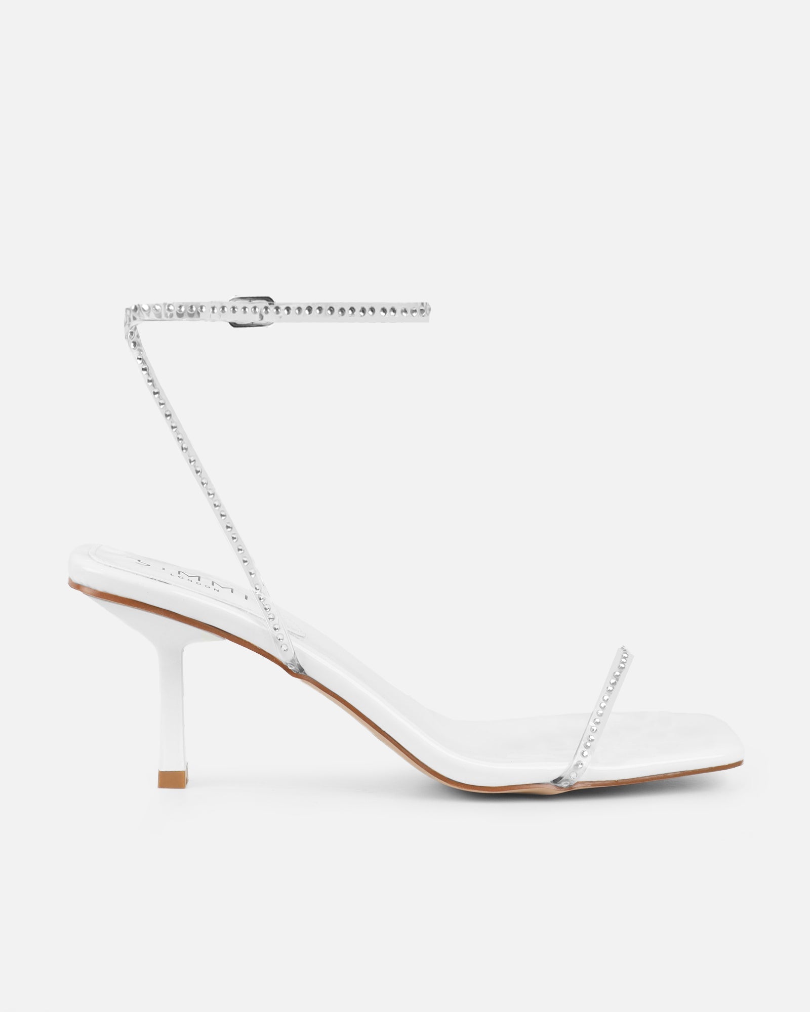 Mimi White Clear Diamante Low Heeled Sandals