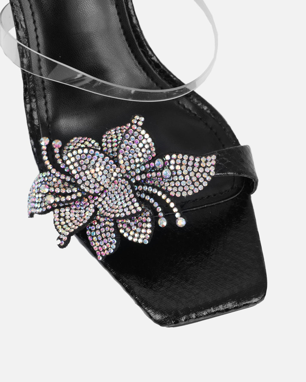 Marcella black snake effect flower detail mid heeled sandals