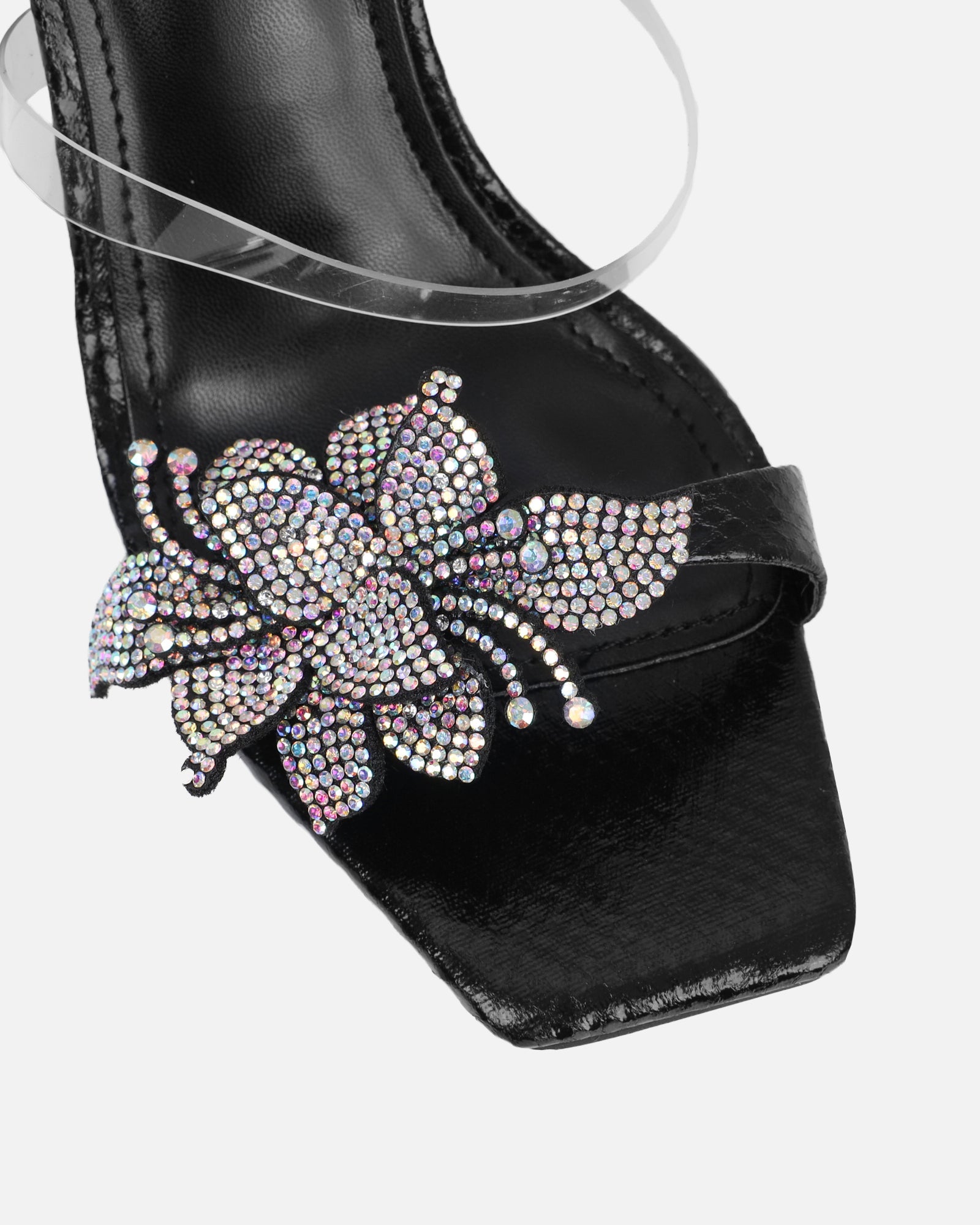 Marcella black snake effect flower detail mid heeled sandals