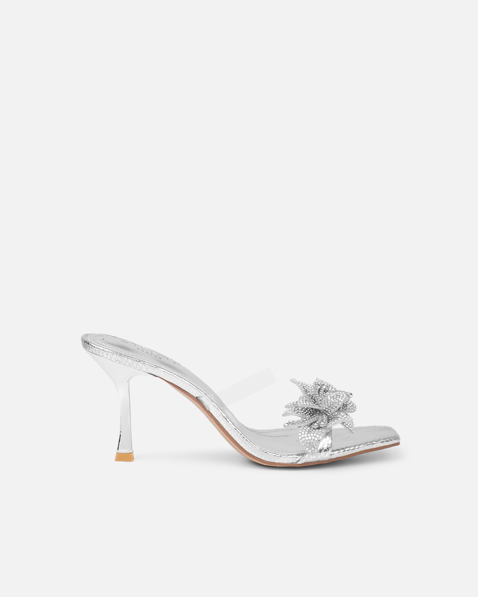 Marcella silver snake effect flower detail mid heeled sandals