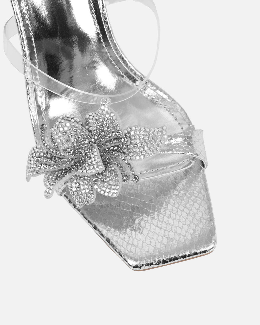 Marcella silver snake effect flower detail mid heeled sandals