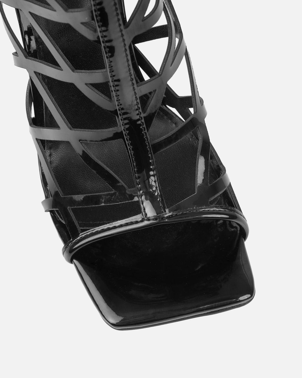 Elsie Black Patent Laser Cut Heeled Sandals