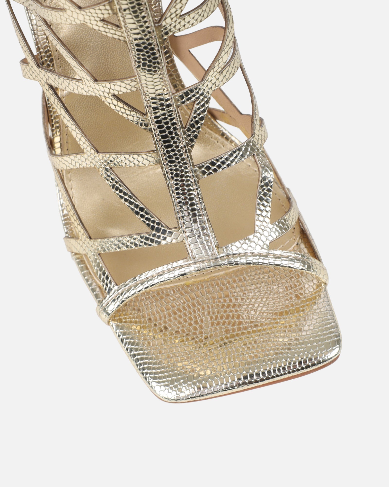 Elsie Gold Patent Laser Cut Heeled Sandals