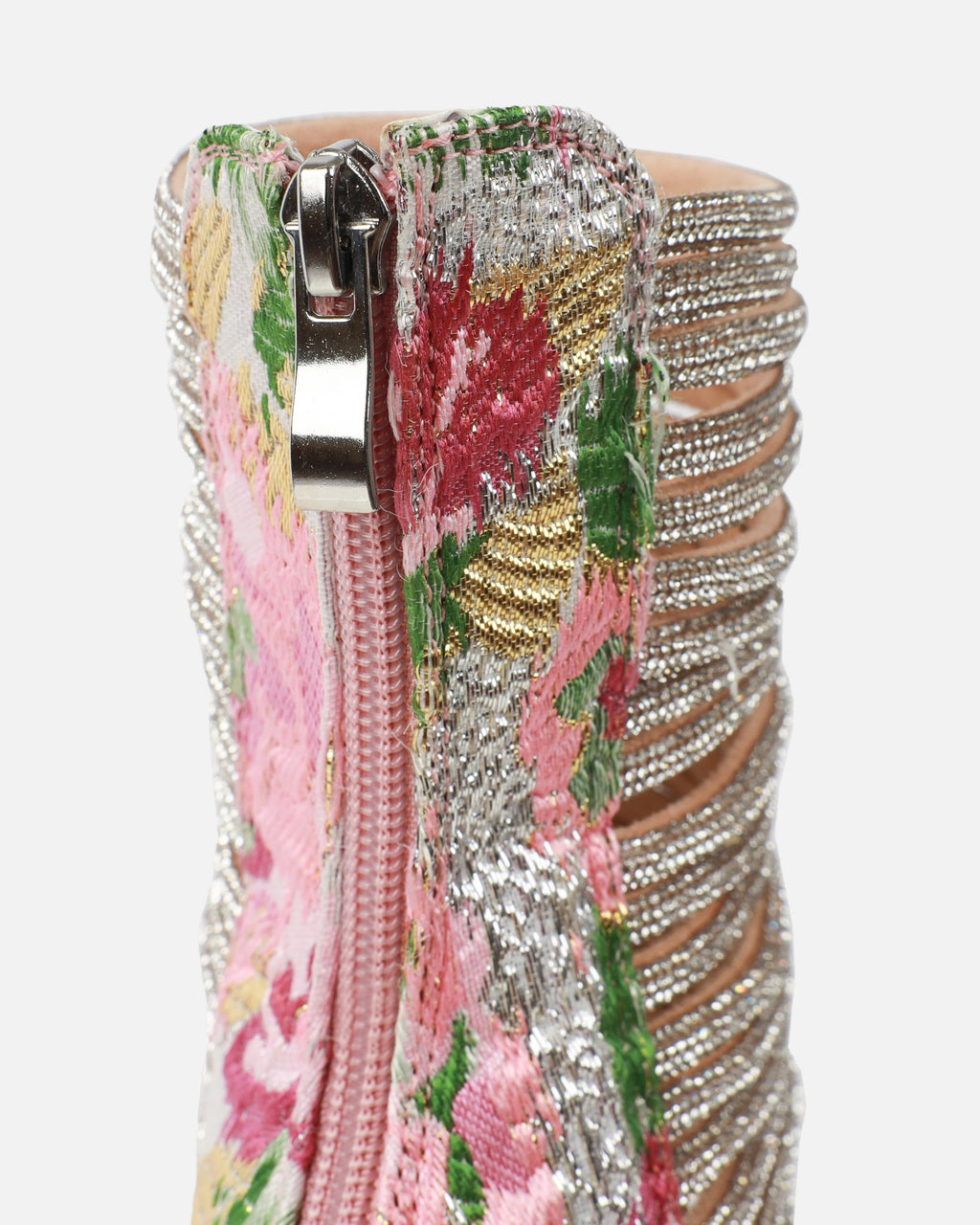 Gracie Pink Floral Jacquard Diamante Heeled Sandals