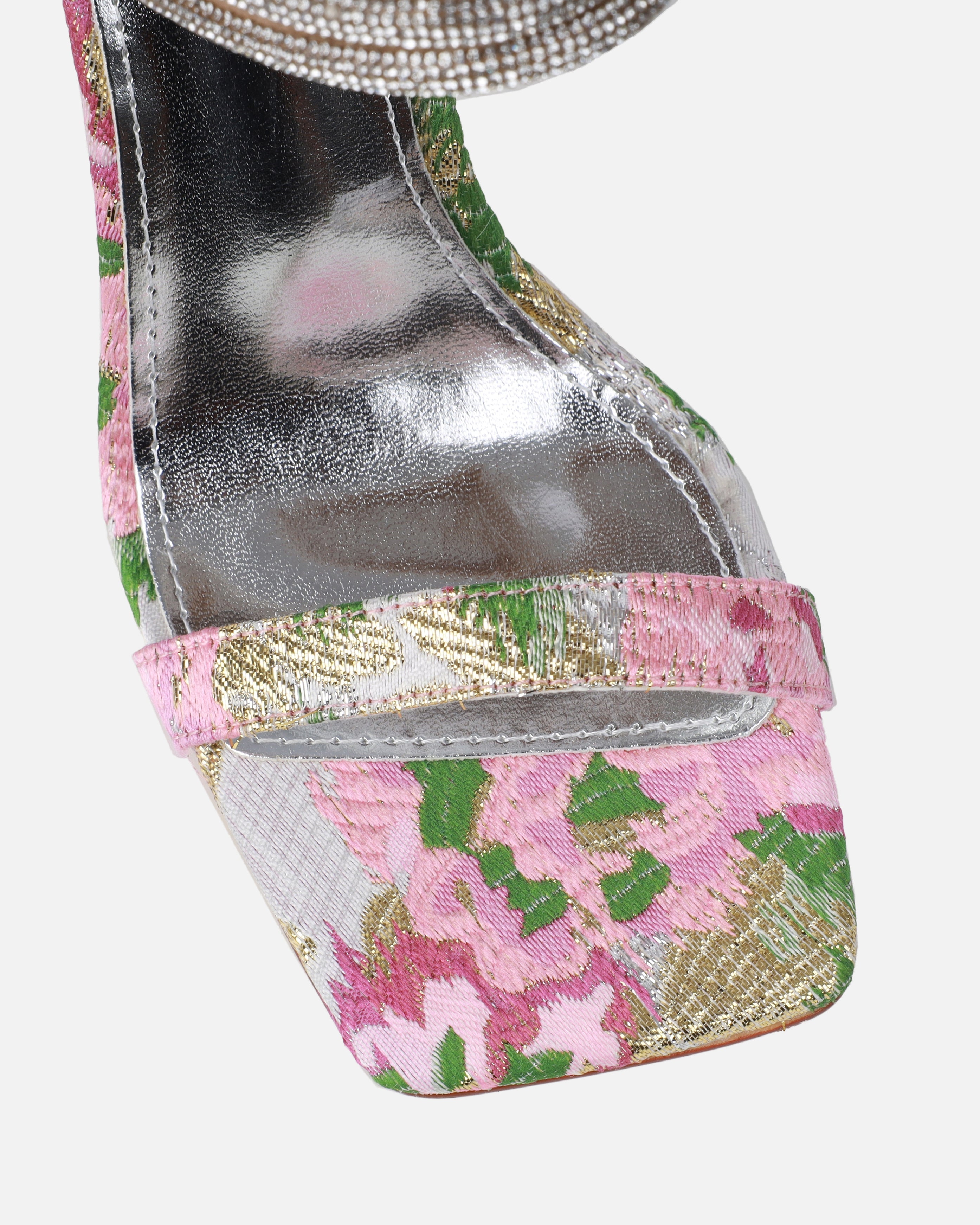 Gracie Pink Floral Jacquard Diamante Heeled Sandals