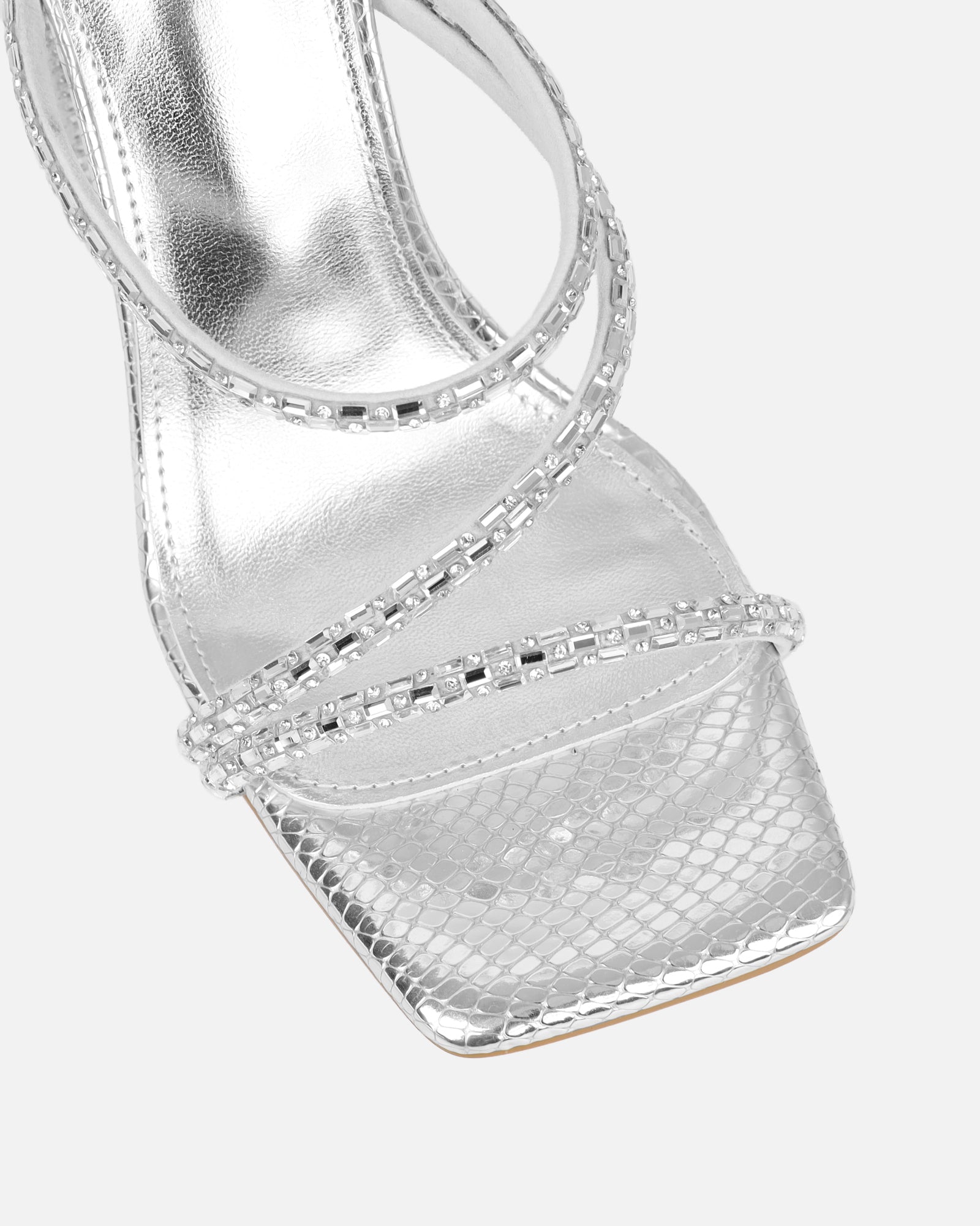 Kaana Silver Snake Effect Diamante Block Heel Sandals