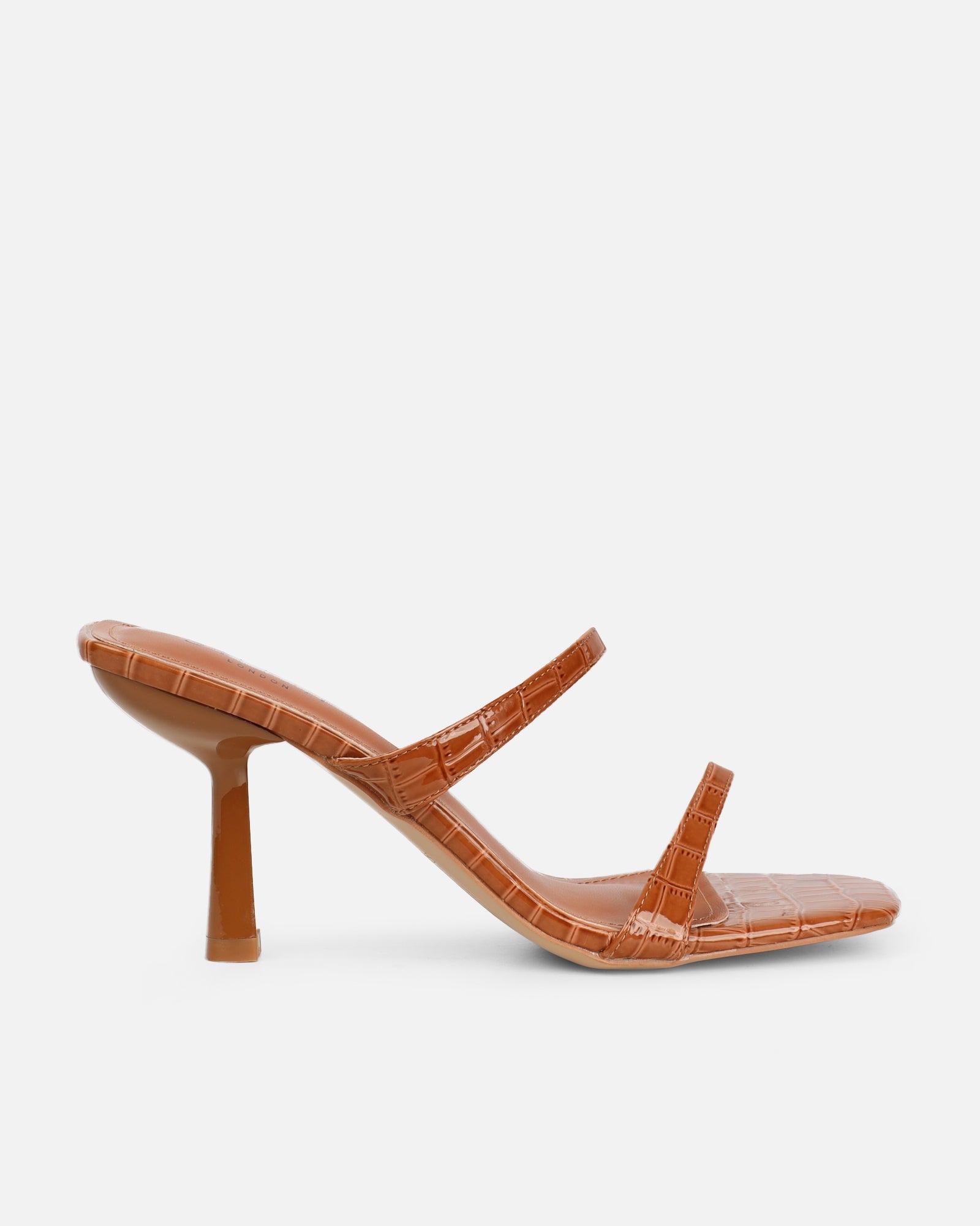 Natori Tan Patent Croc Mid Heeled Sandals