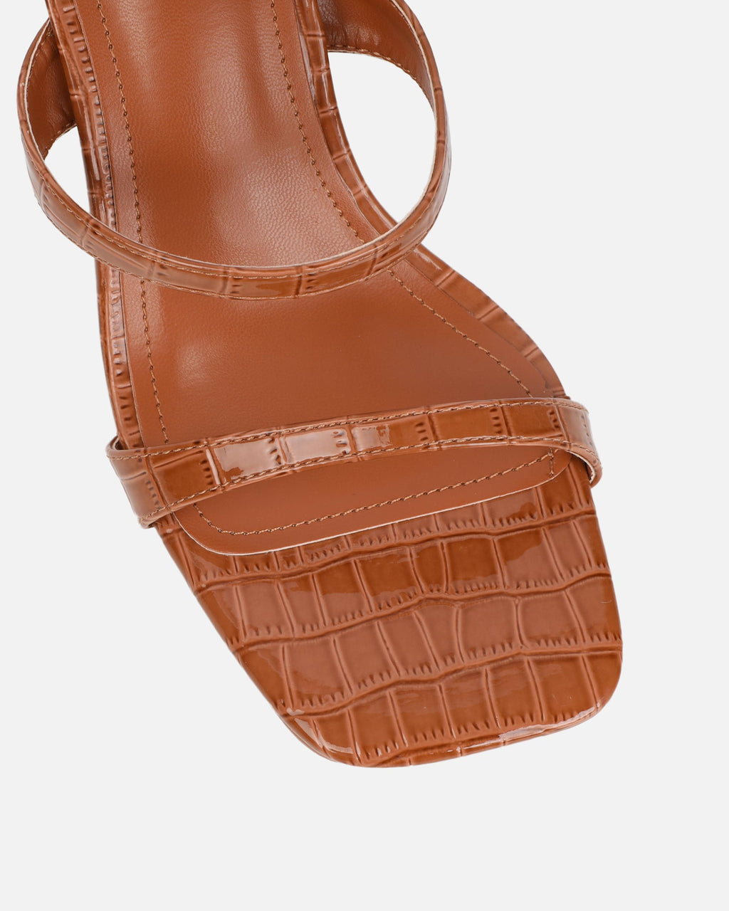 Natori Tan Patent Croc Mid Heeled Sandals