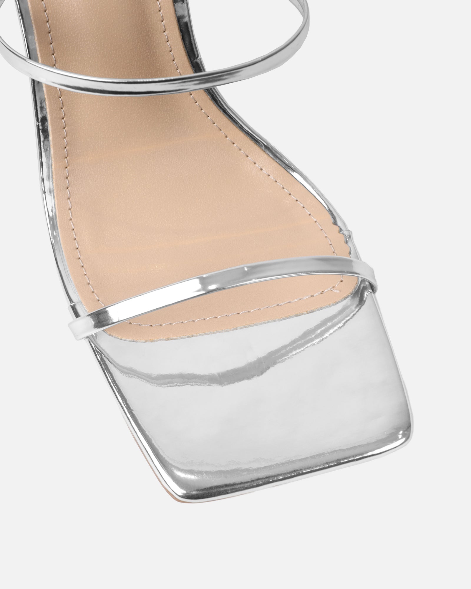 Nieve Silver Mirror Two Part Mid Heeled Sandals