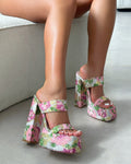 Freyja Pink Floral Jacquard Platform Heeled Sandals