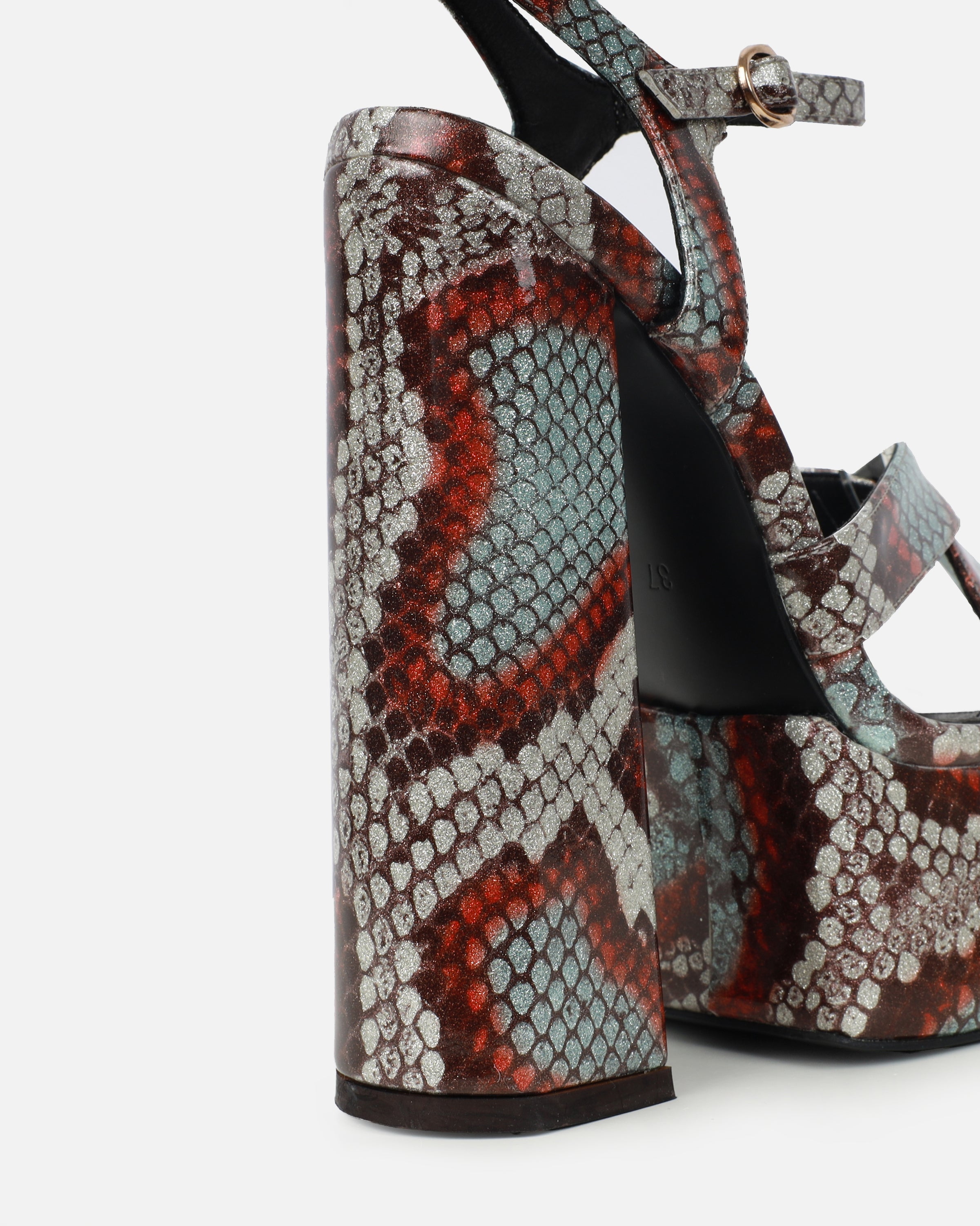 Novah Brown Glitter Faux Snake Platform Sandals