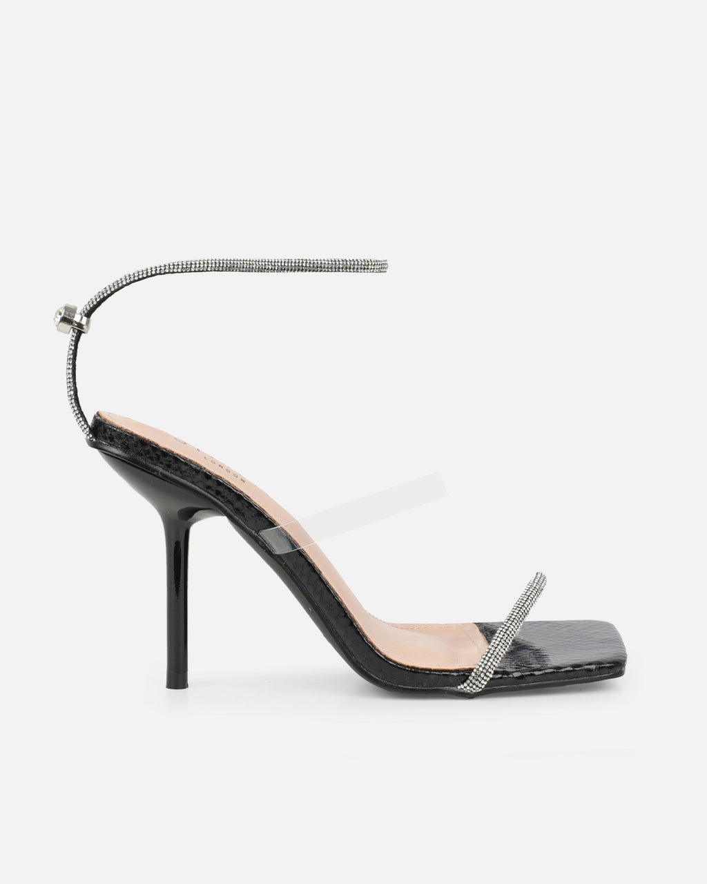 Zayla Clear Black Faux Snake Stiletto Heeled Sandals