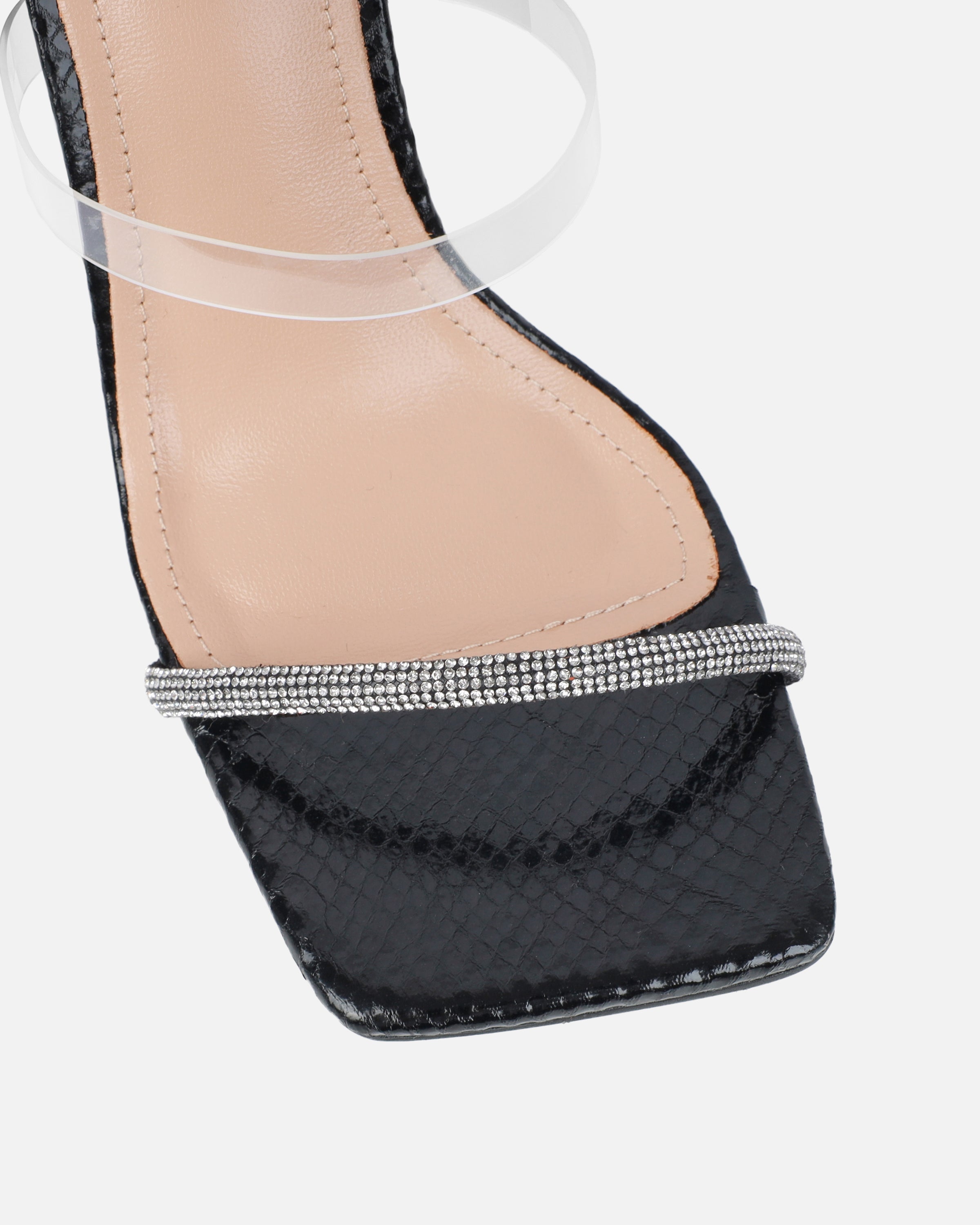 Zayla Clear Black Faux Snake Stiletto Heeled Sandals
