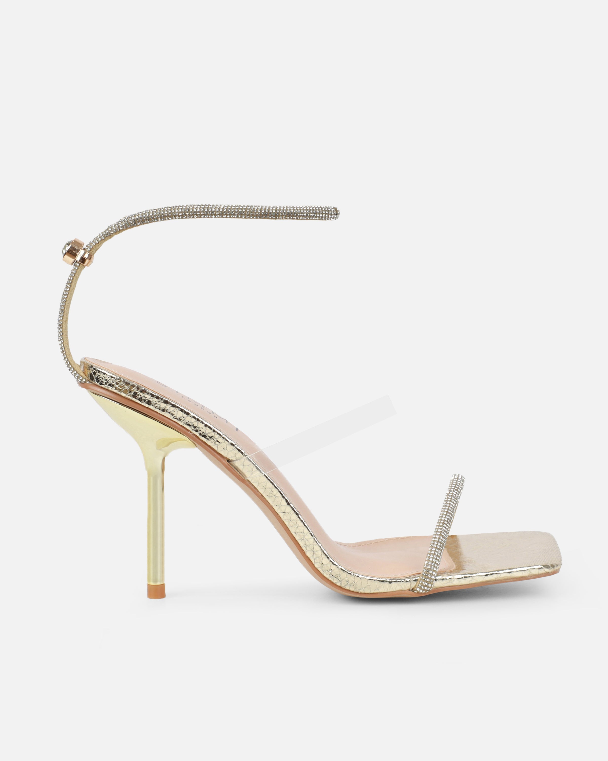 Zayla Clear Gold Faux Snake Stiletto Heeled Sandals